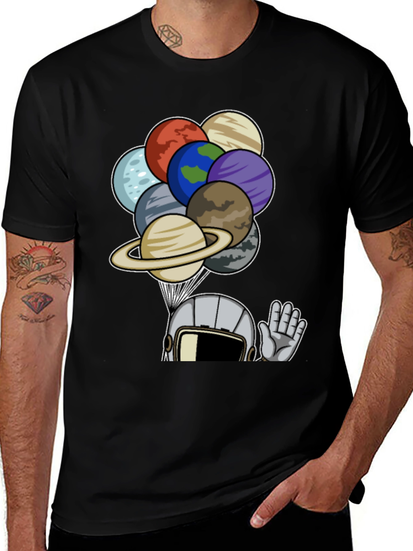 Variant 29 of Astronaut with Planet Balloons Graphic Tee