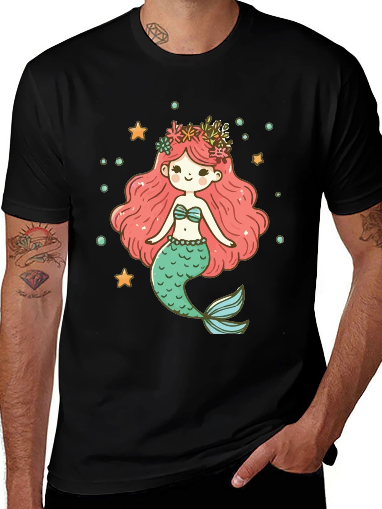 Cute Mermaid Graphic Tee - Black Cotton T-Shirt