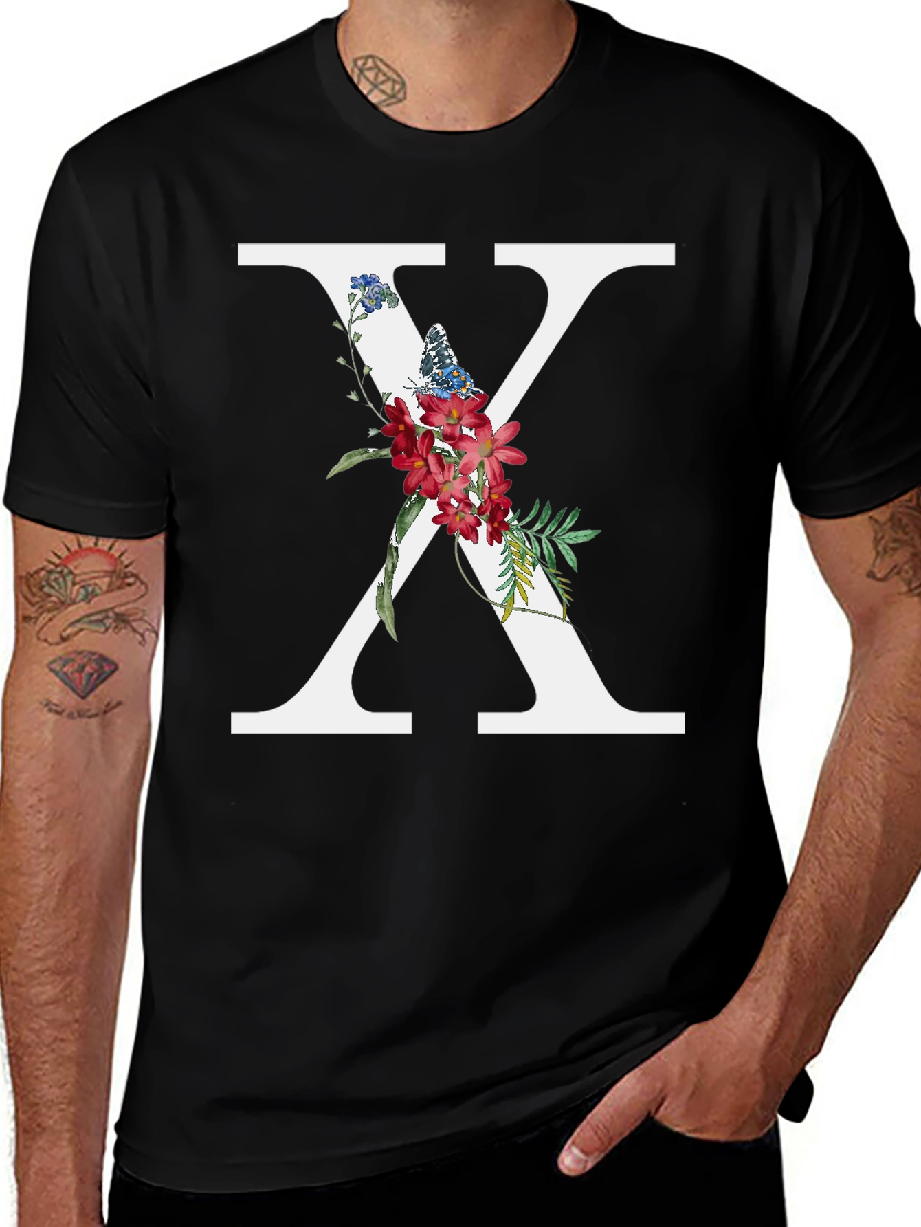 Floral Letter X Graphic Black Tee Shirt
