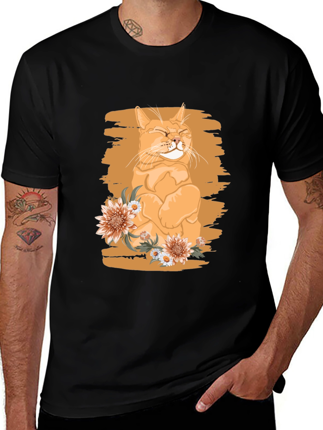 Variant 4 of Orange Cat with Flowers Graphic Tee