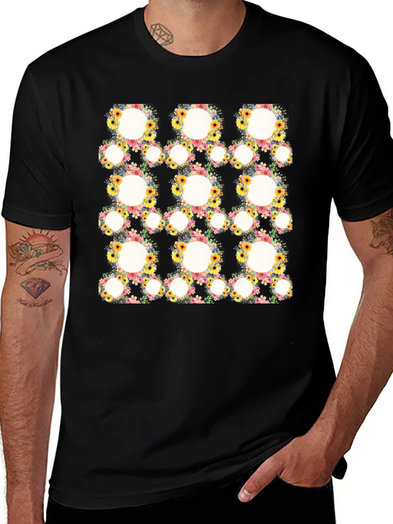 Variant 29 of Floral Circle Patterned Black T-Shirt