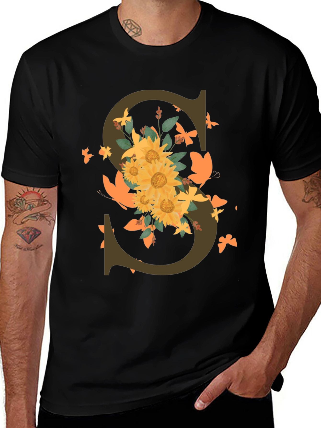 Variant 27 of Floral "S" Initial Black T-Shirt