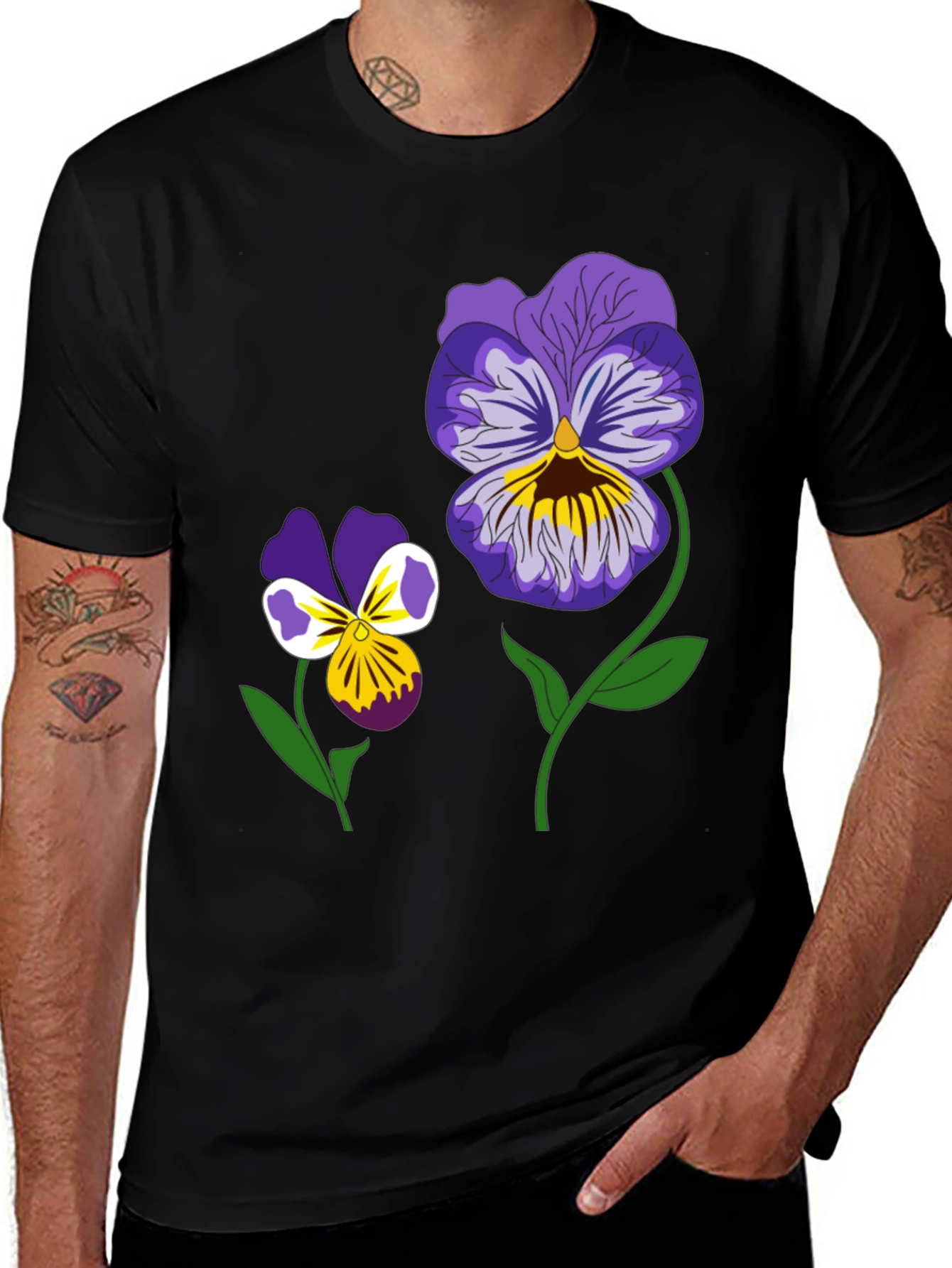 Variant 11 of Floral Graphic T-Shirt - Pansy Design Black Tee