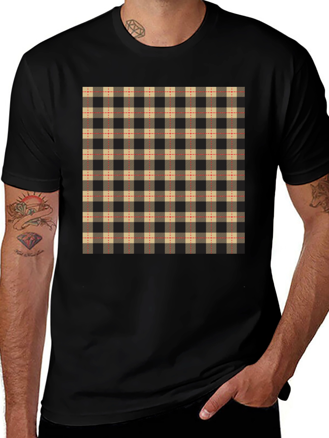Black Plaid Pattern Black Casual T-Shirt main image