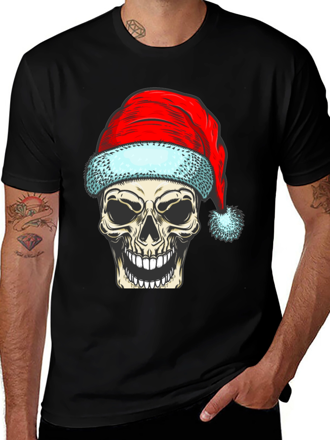 Variant 11 of Skull Santa Hat Graphic Tee - Holiday Spooky