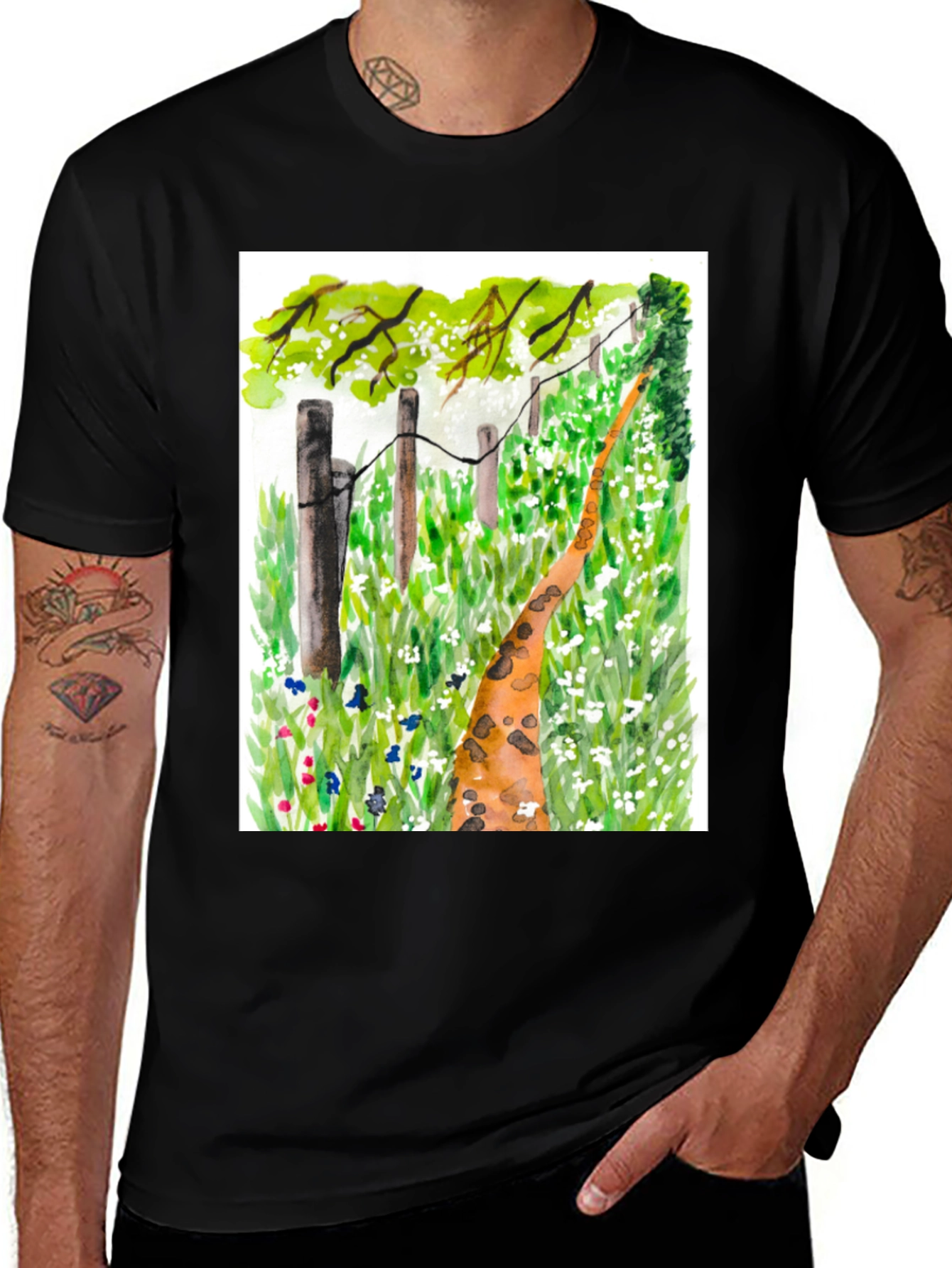 Black Watercolor Meadow Path Black T-Shirt main image