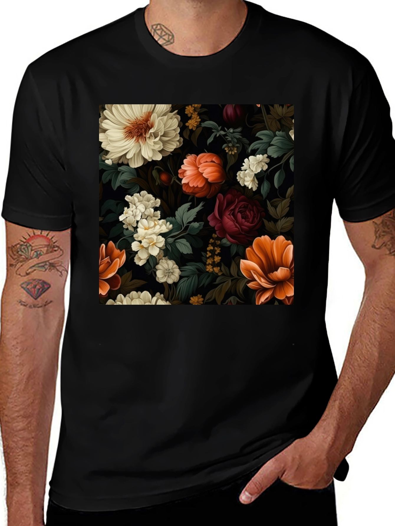 Variant 18 of Floral Pattern Black T-Shirt for Men