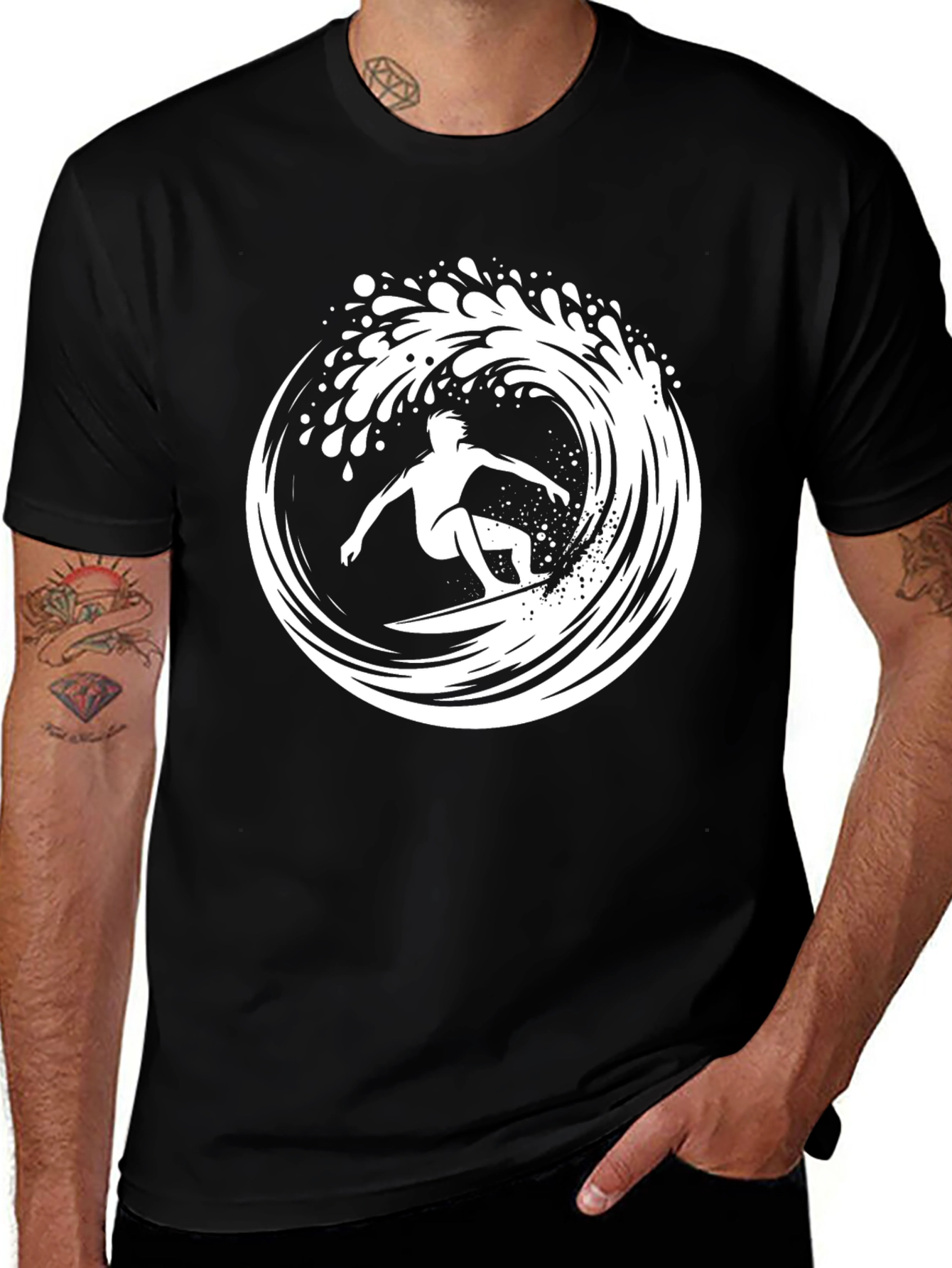 Variant 6 of Surfing Wave Graphic Tee - Black Cotton T-Shirt