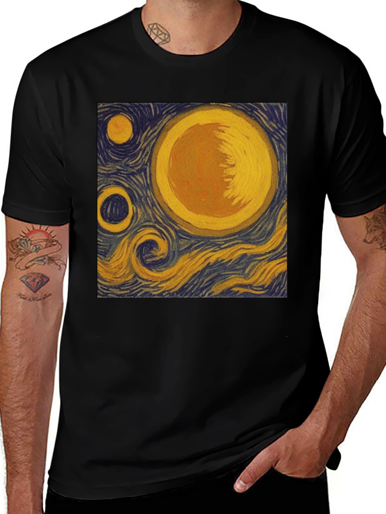 Variant 29 of Starry Night Sun Graphic Tee - Artistic Design