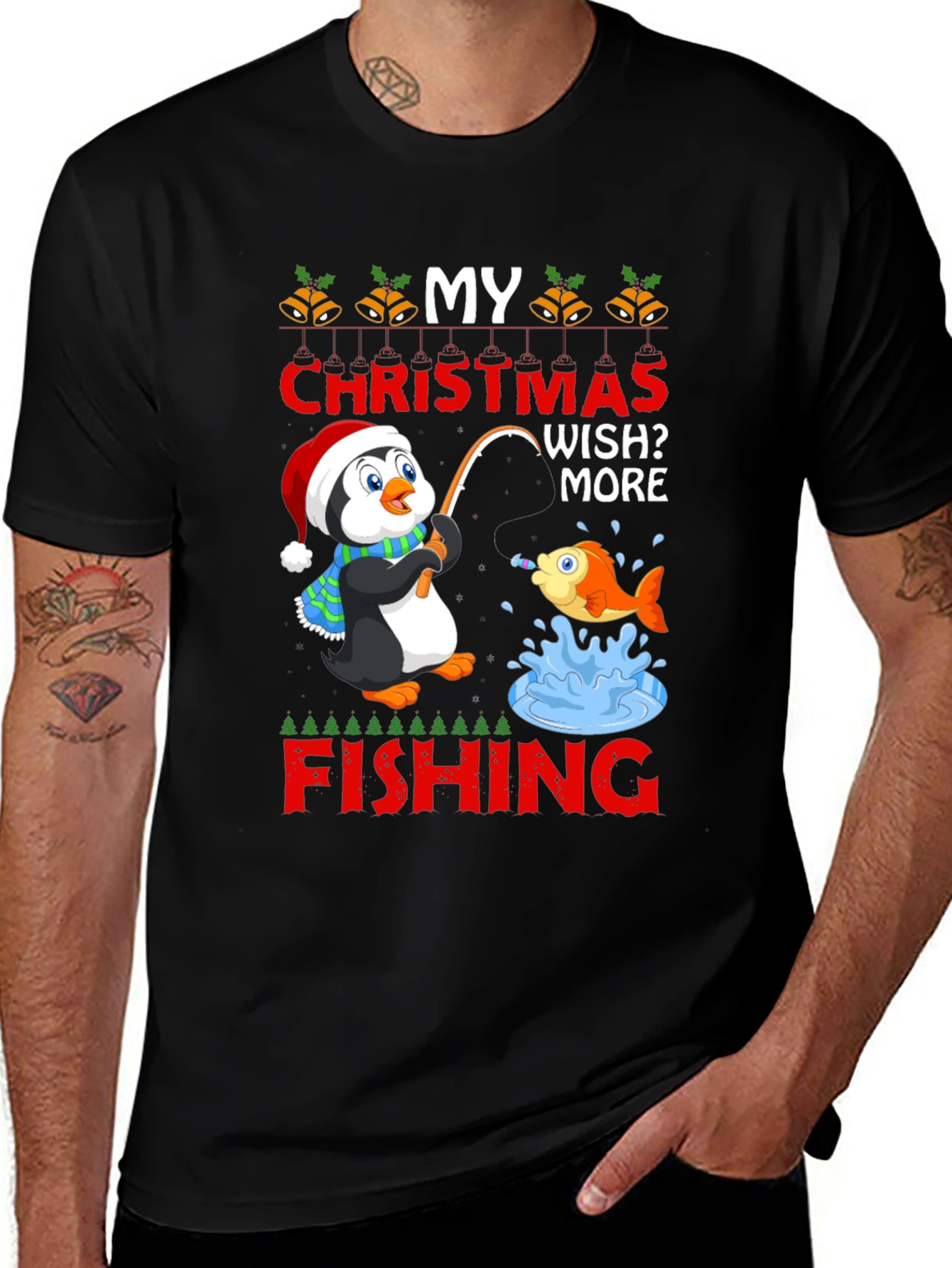 Black Christmas Penguin Fishing T-Shirt main image