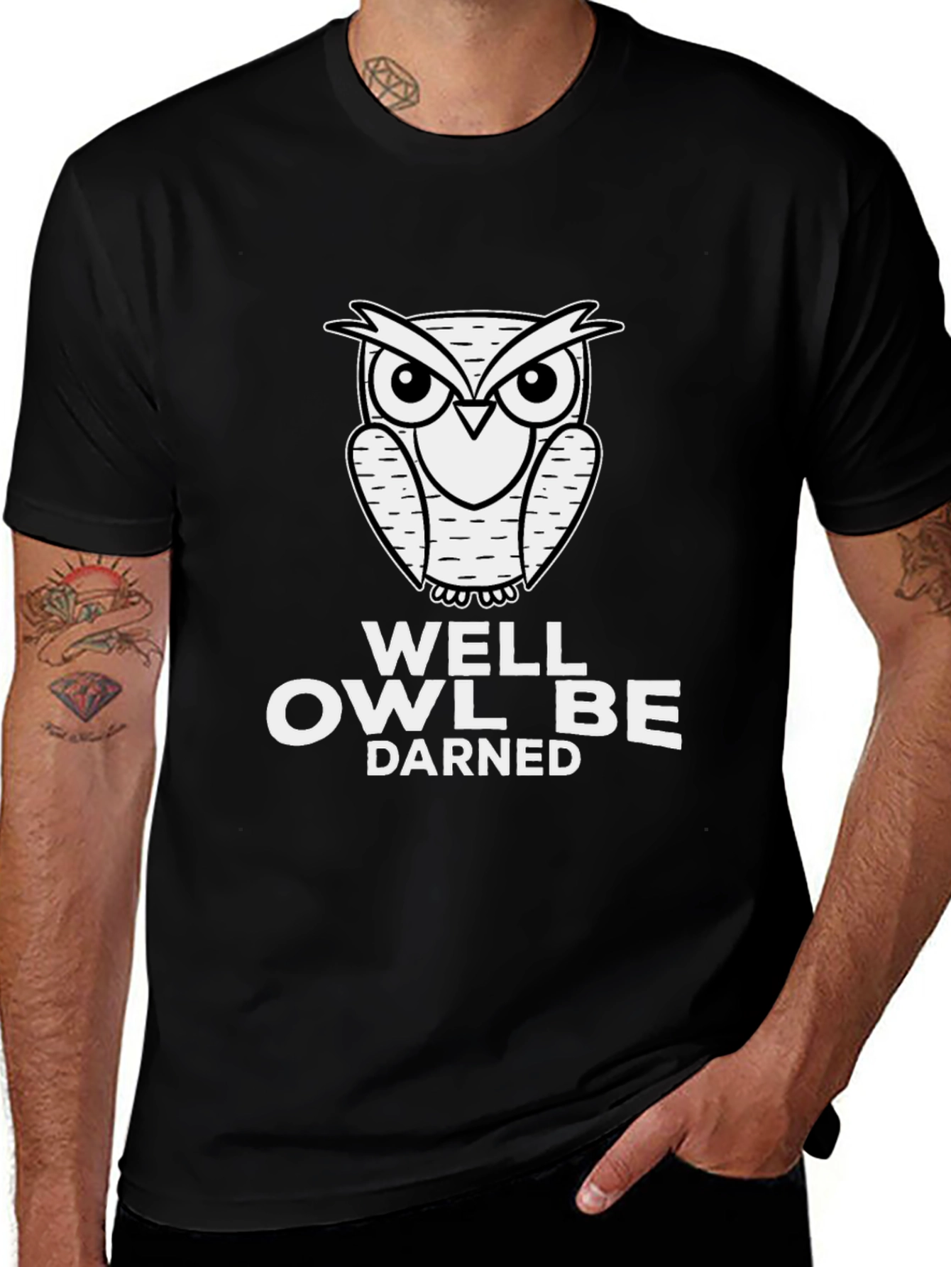 Variant 30 of Well Owl Be Darned Men's Black Graphic T-Shirt