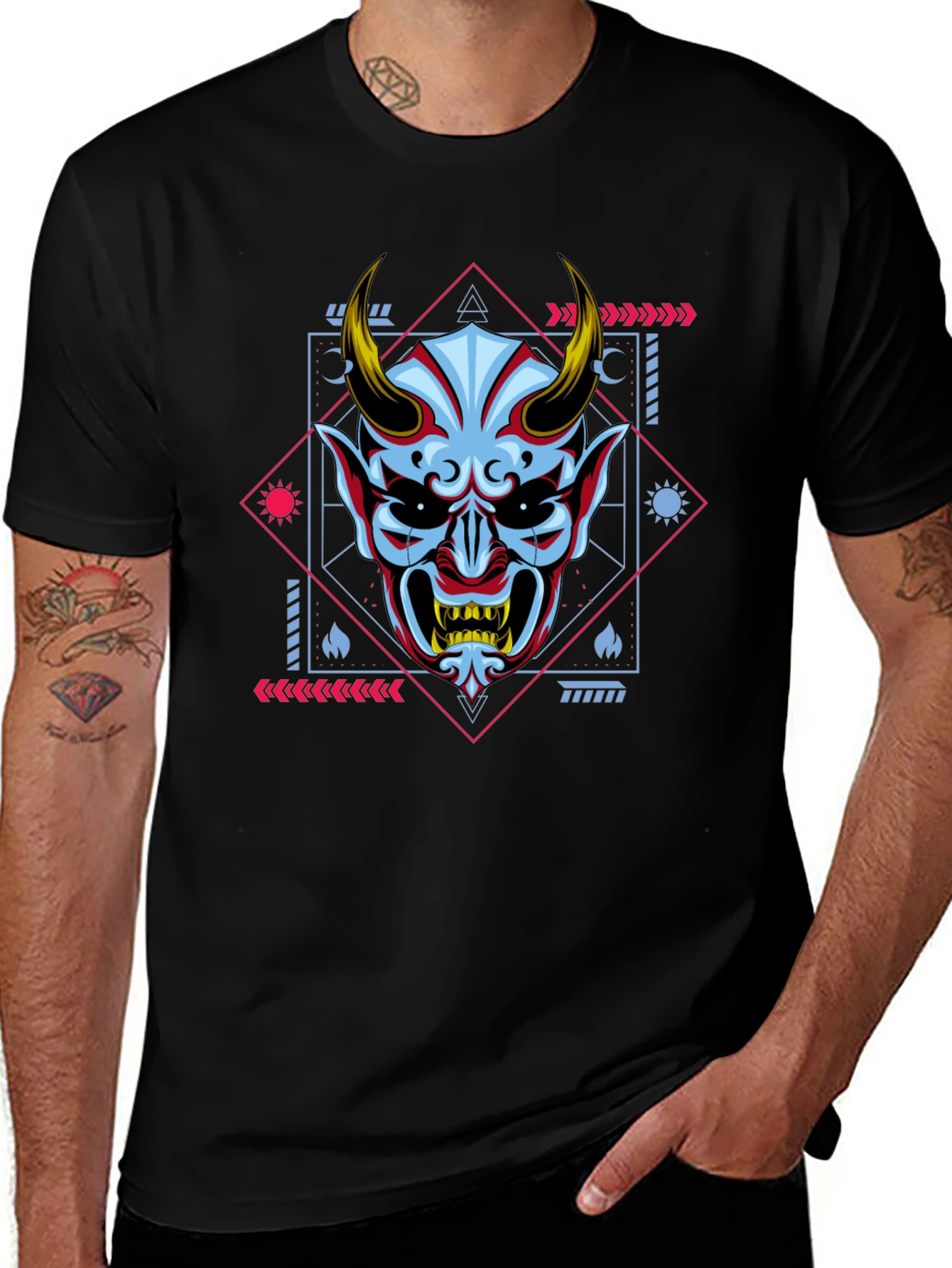 Variant 21 of Geometric Oni Mask Graphic Tee - Black