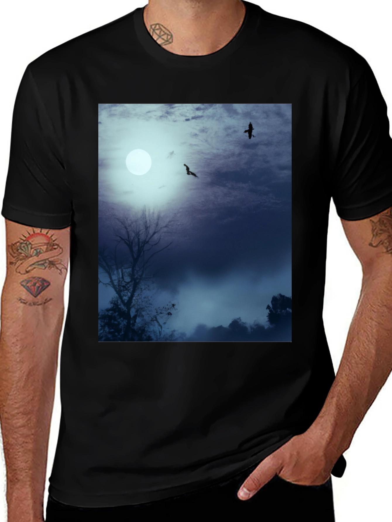 Moonlit Night Tee - Raven Silhouette Design