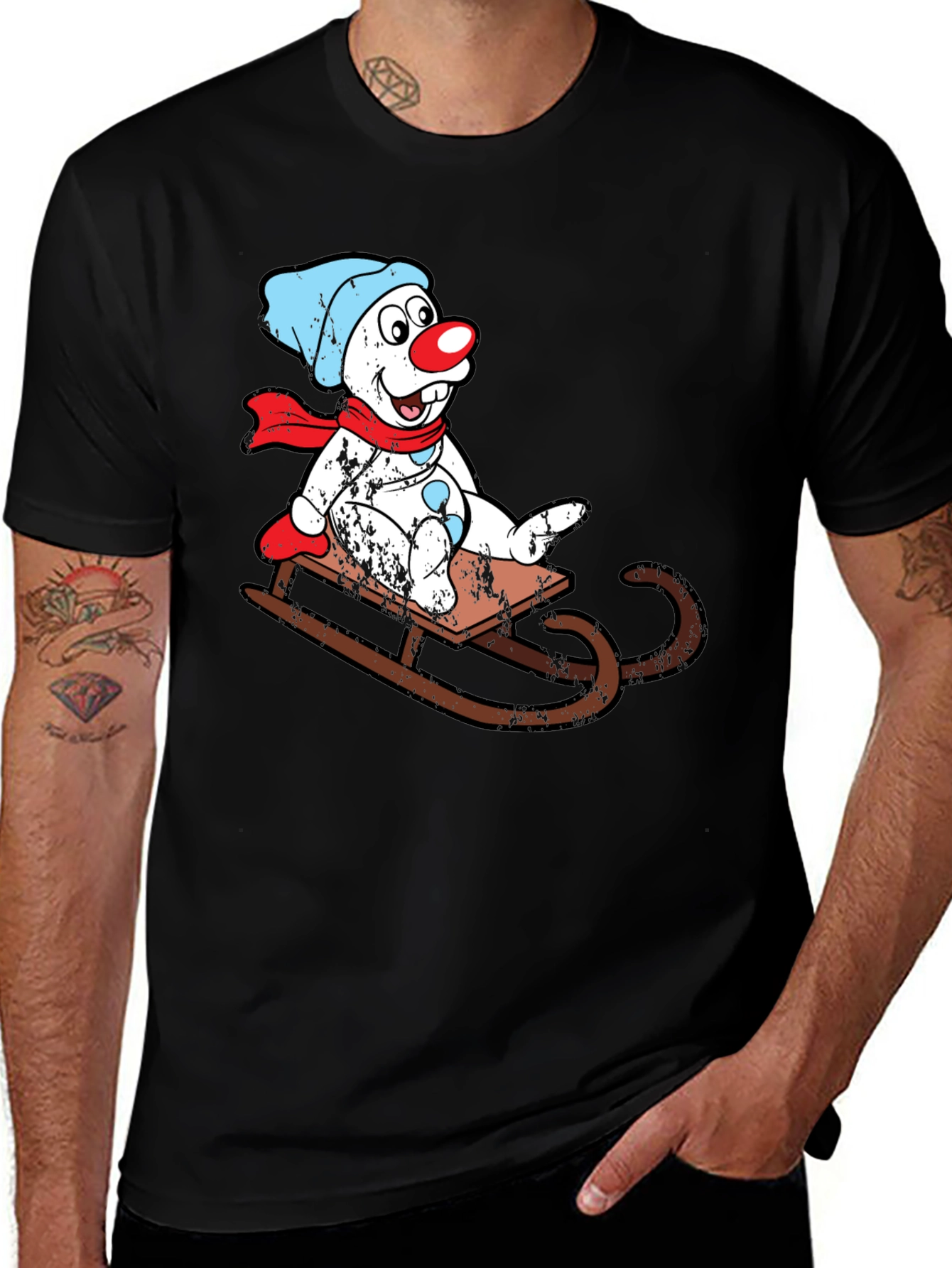 Variant 6 of Sledding Snowman Graphic Tee - Black