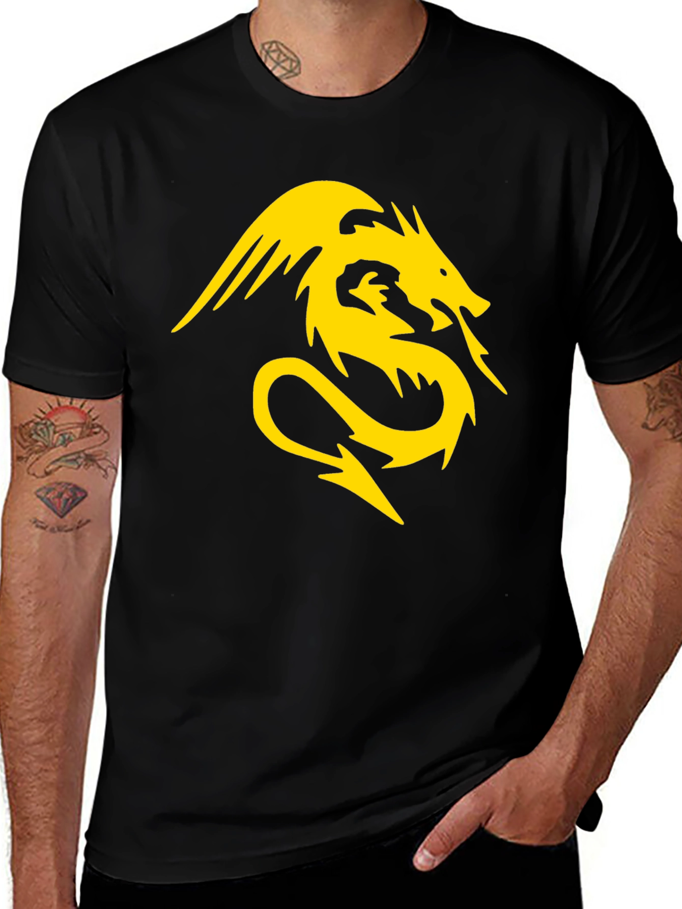 Variant 3 of Black Tee with Yellow Dragon Graphic Print