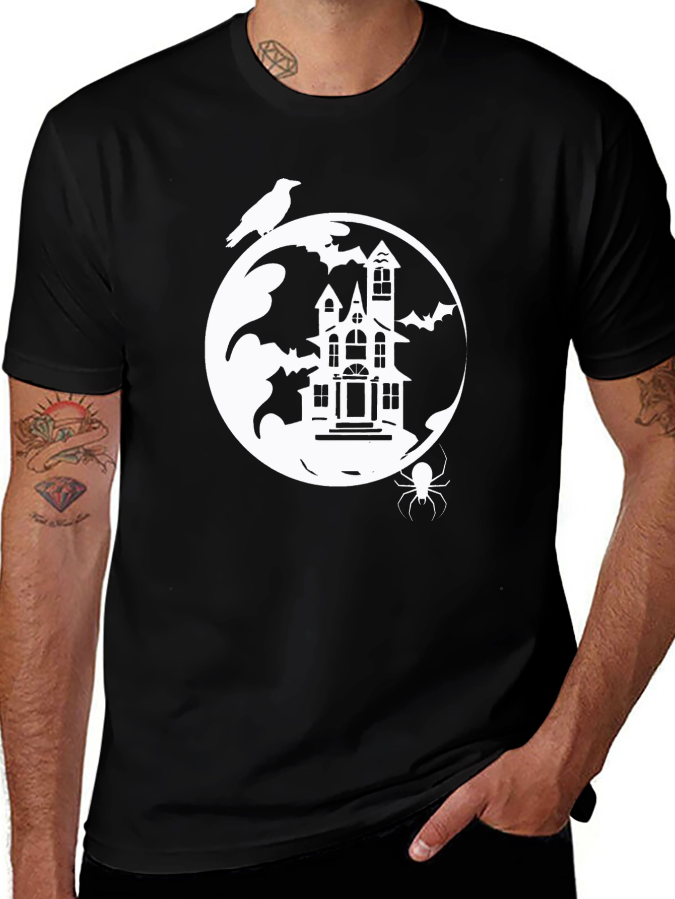Spooky Halloween Graphic Tee - Haunted House, Moon, Raven, Spider