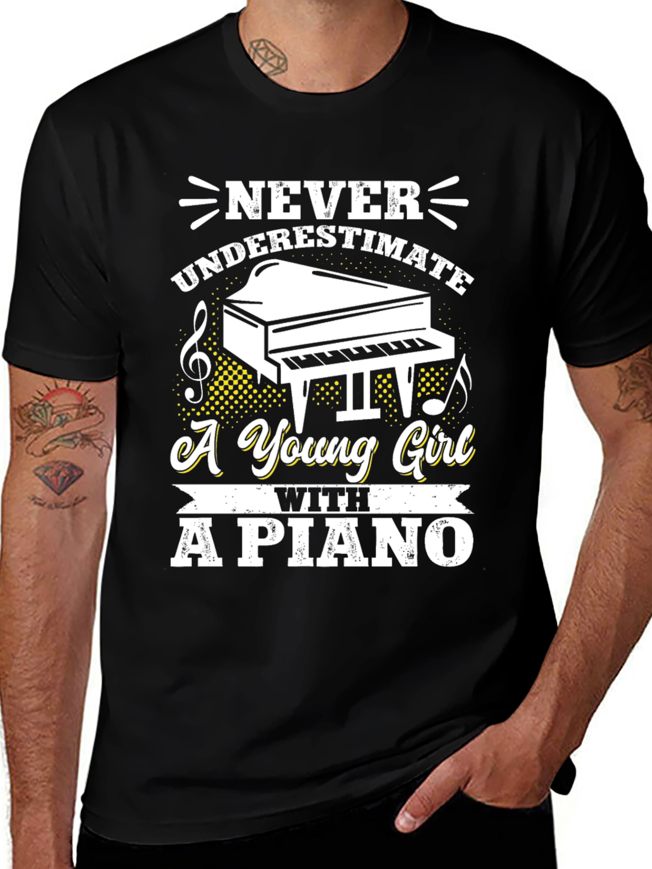 Variant 30 of Never Underestimate a Girl with a Piano Black Graphic Tee