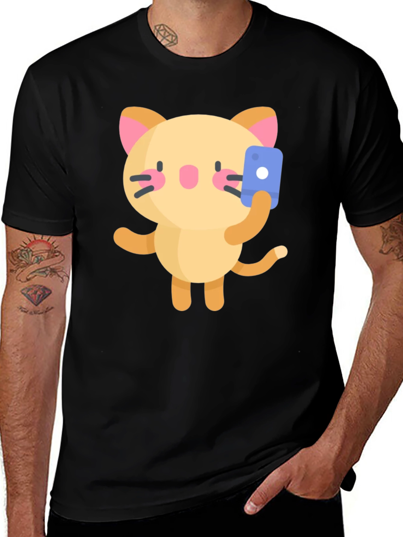 Variant 25 of Selfie Cat Graphic Tee - Black Cotton Blend Shirt