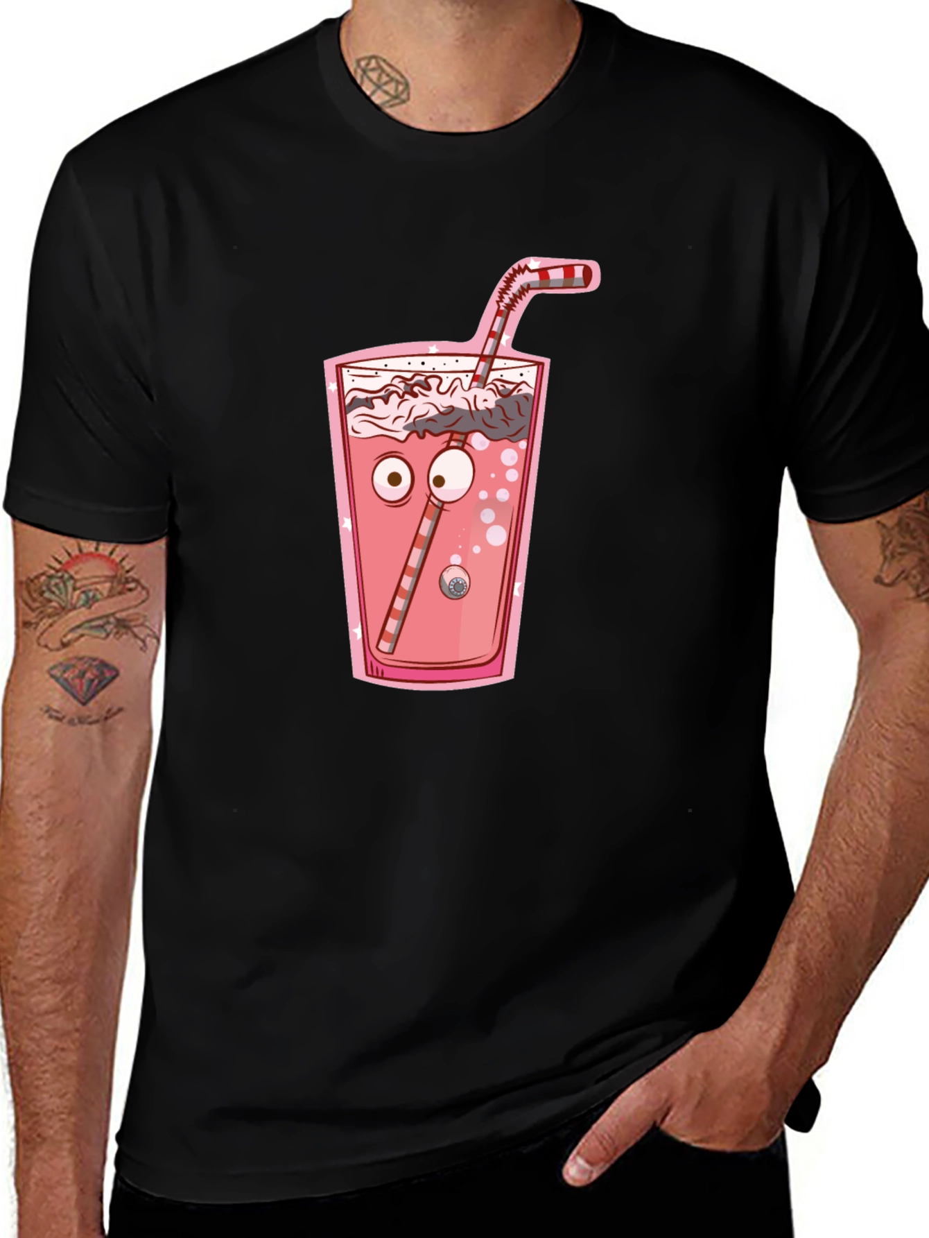 Variant 9 of Cartoon Drink Graphic Tee - Black Cotton T-Shirt