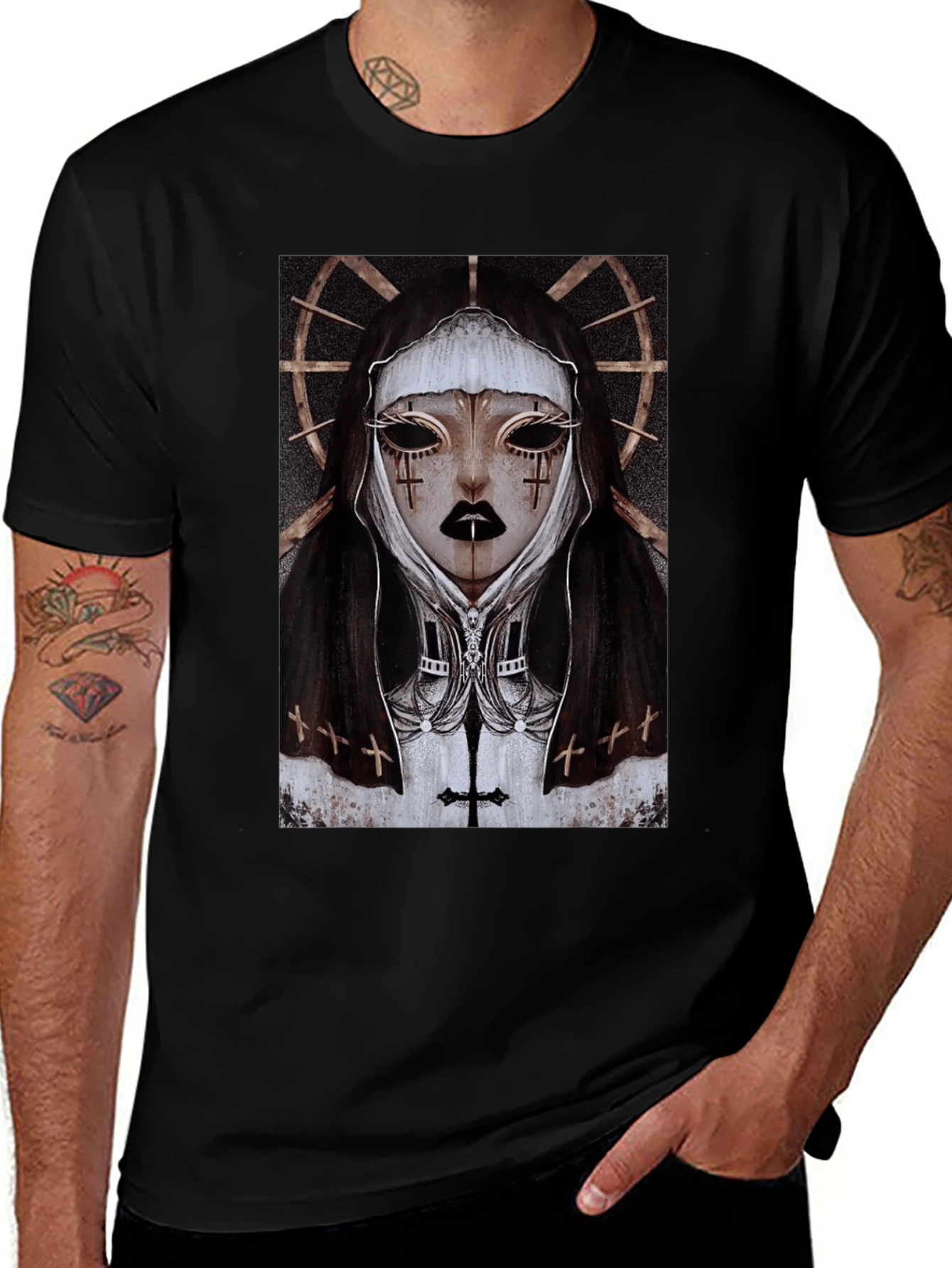 Gothic Nun Graphic Tee - Dark Religious Apparel