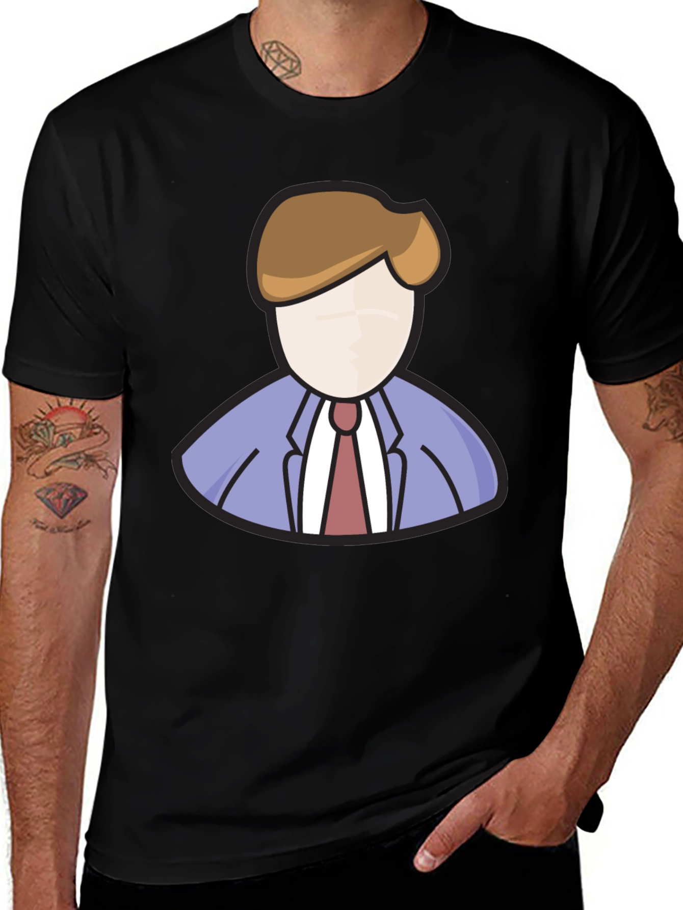Cartoon Businessman Graphic Tee - Black Casual T-Shirt