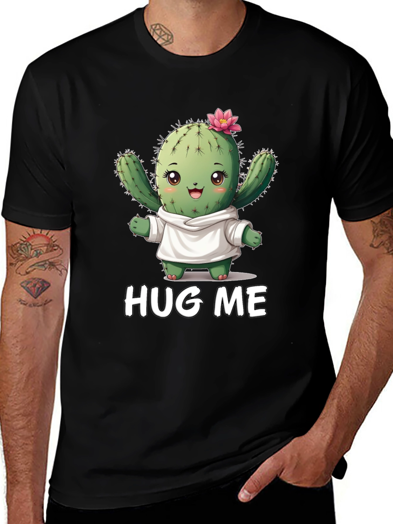 Variant 5 of Cute Cactus Hug Me Graphic Tee - Unisex Black T-Shirt