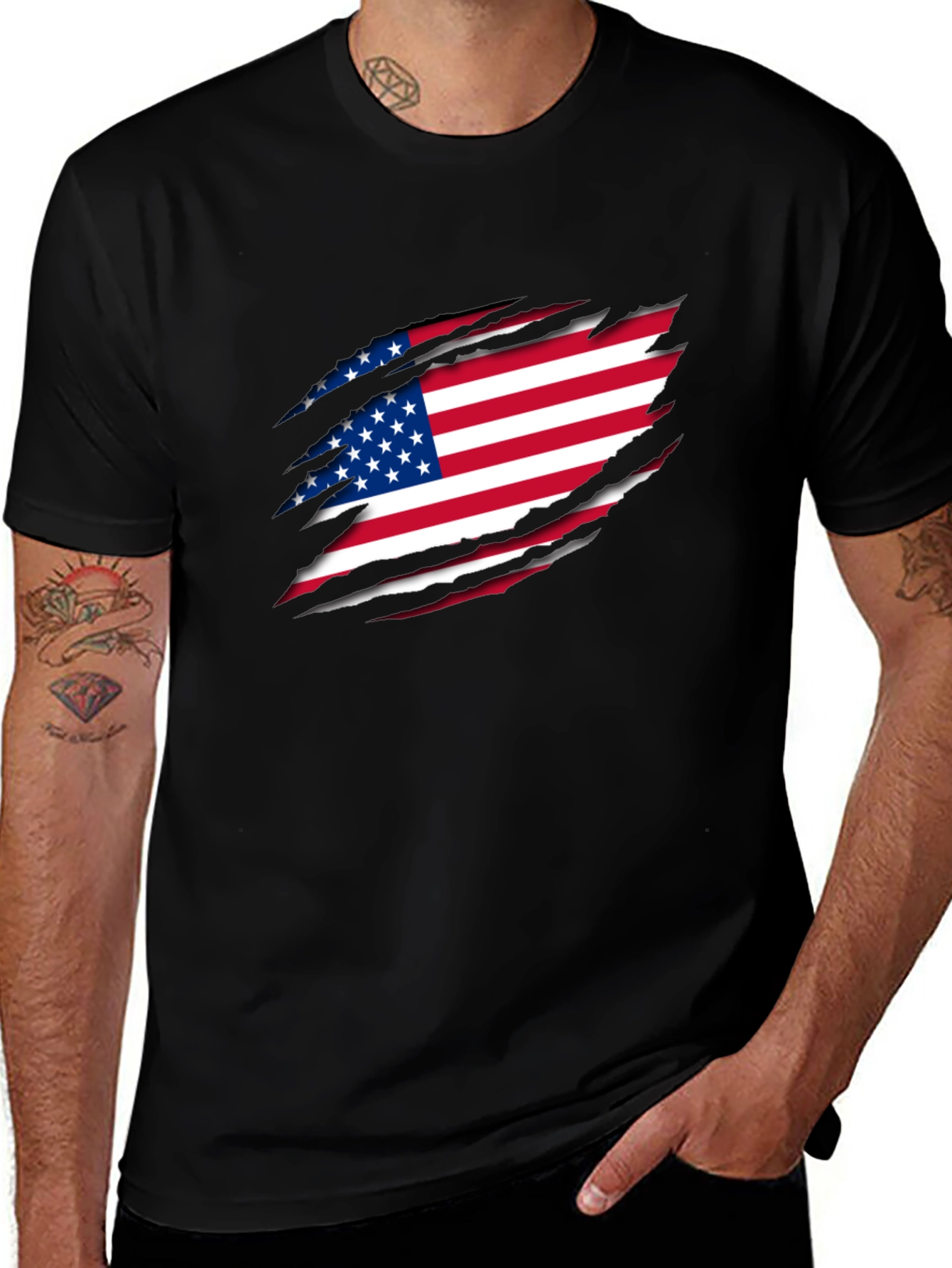 USA Flag Ripped Black T-Shirt Patriotic Design