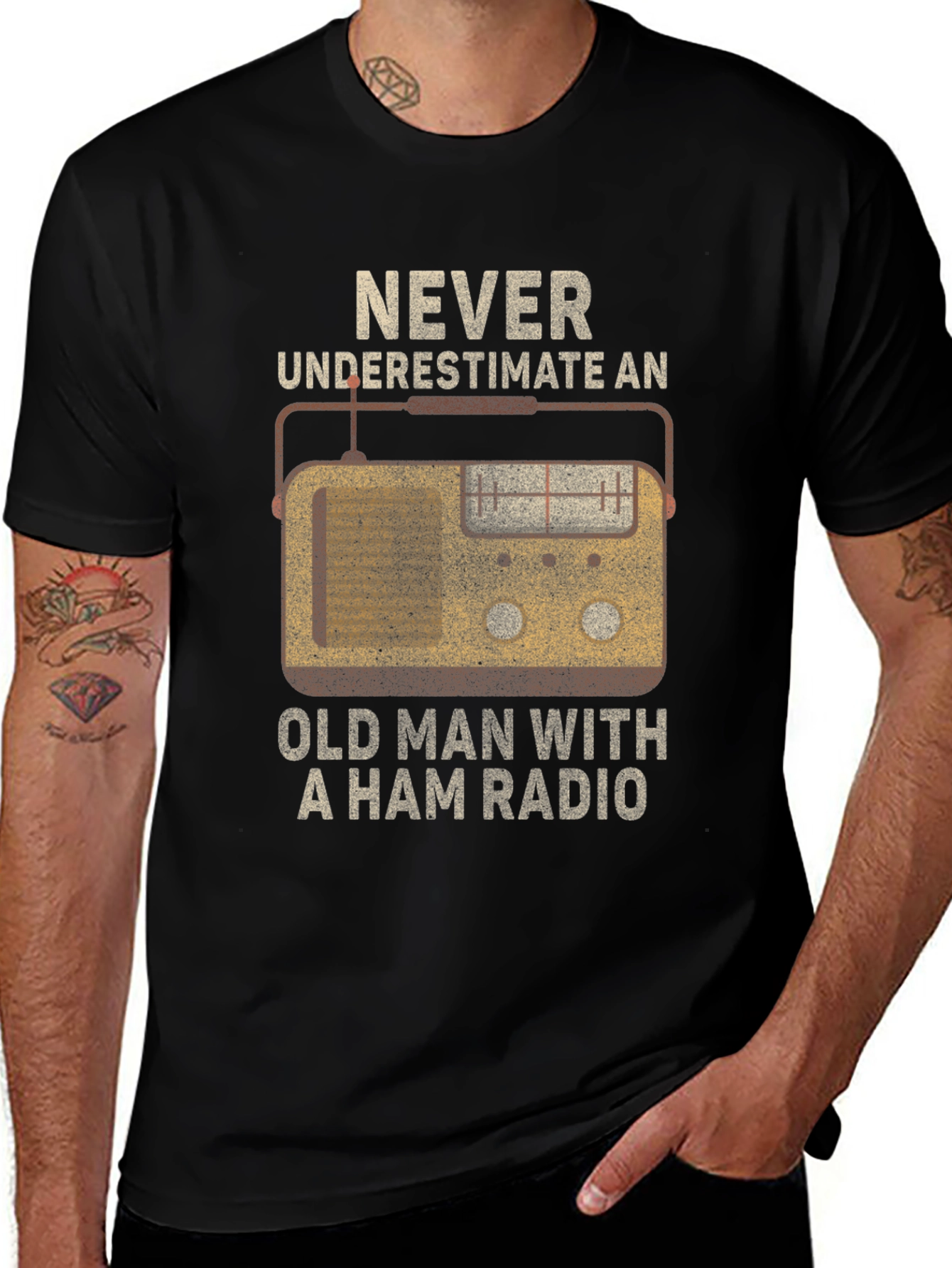 Variant 19 of Never Underestimate Ham Radio Old Man T-Shirt