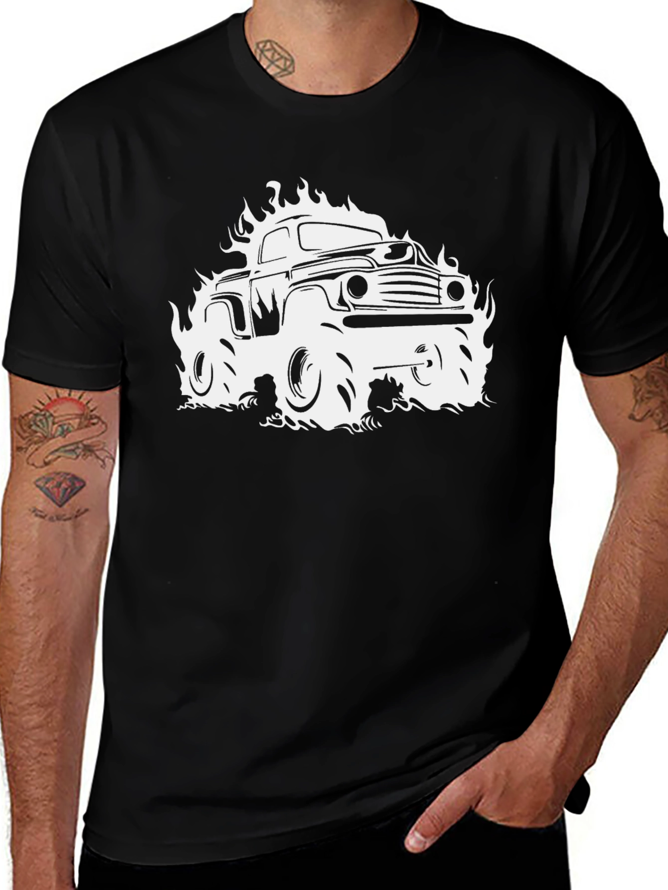 Flaming Truck Graphic Tee - Black Cotton T-Shirt