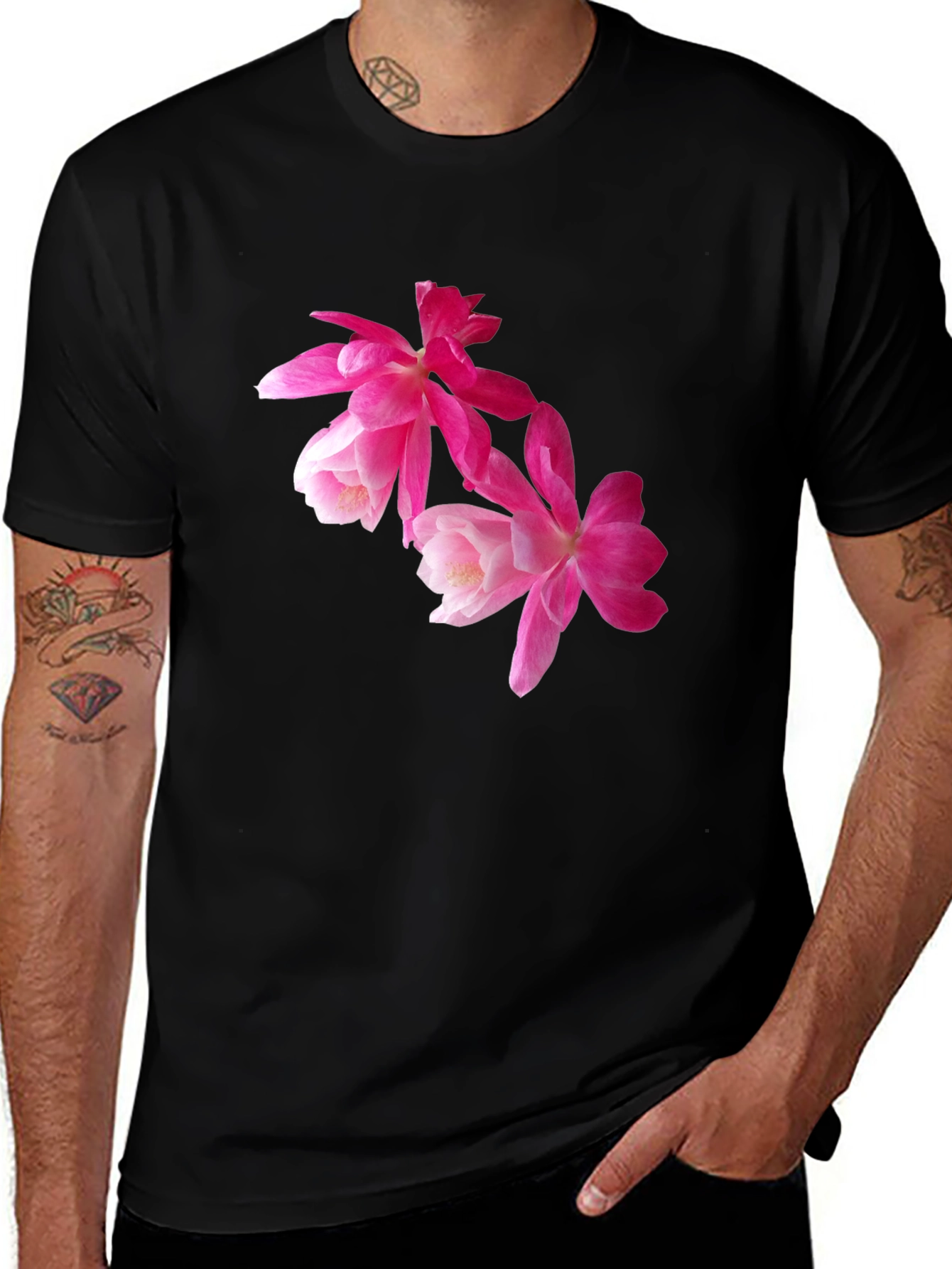 Variant 10 of Floral Print T-Shirt - Pink Flowers on Black