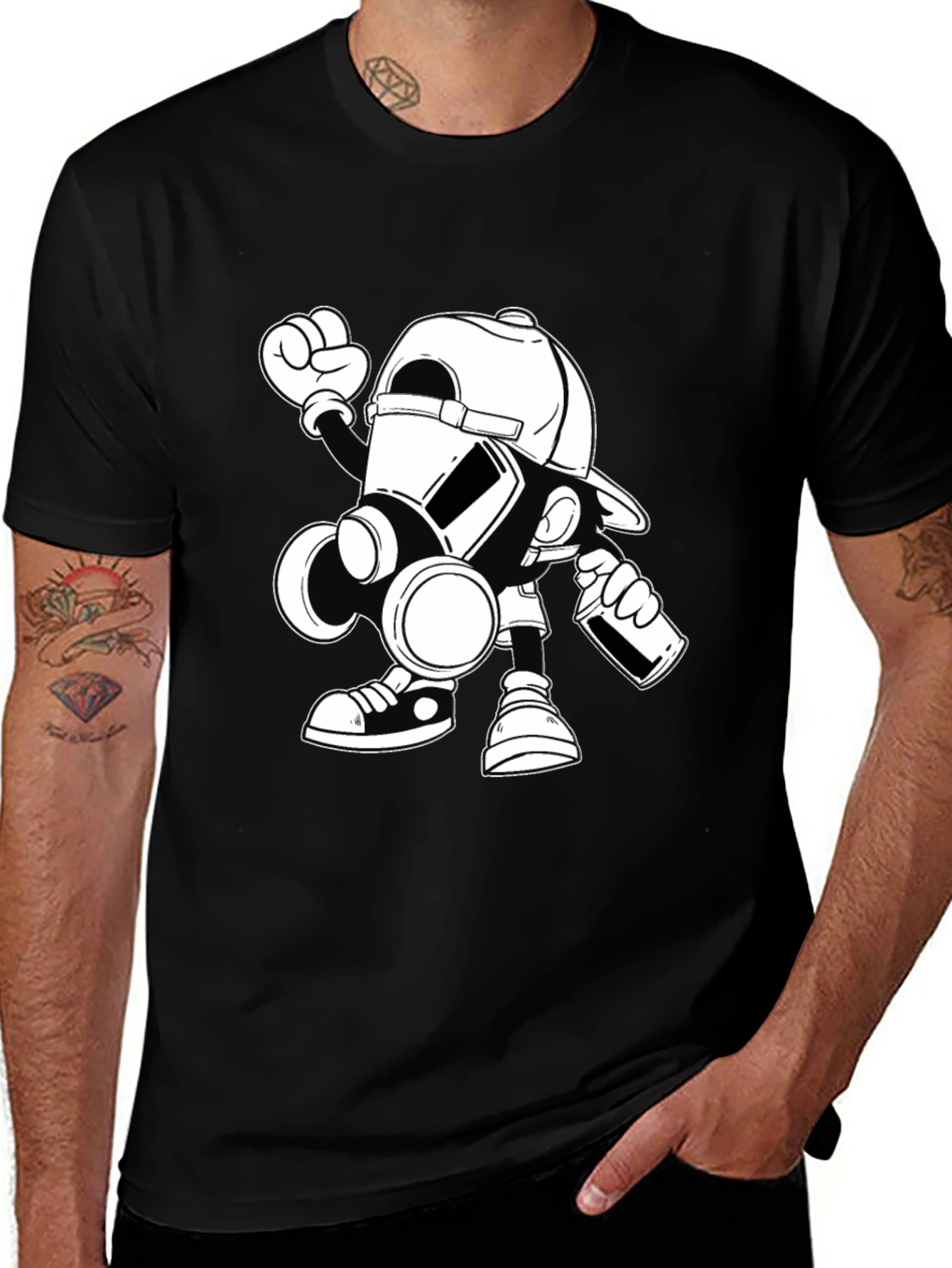 Gas Mask Cartoon Graphic Print Black T-Shirt