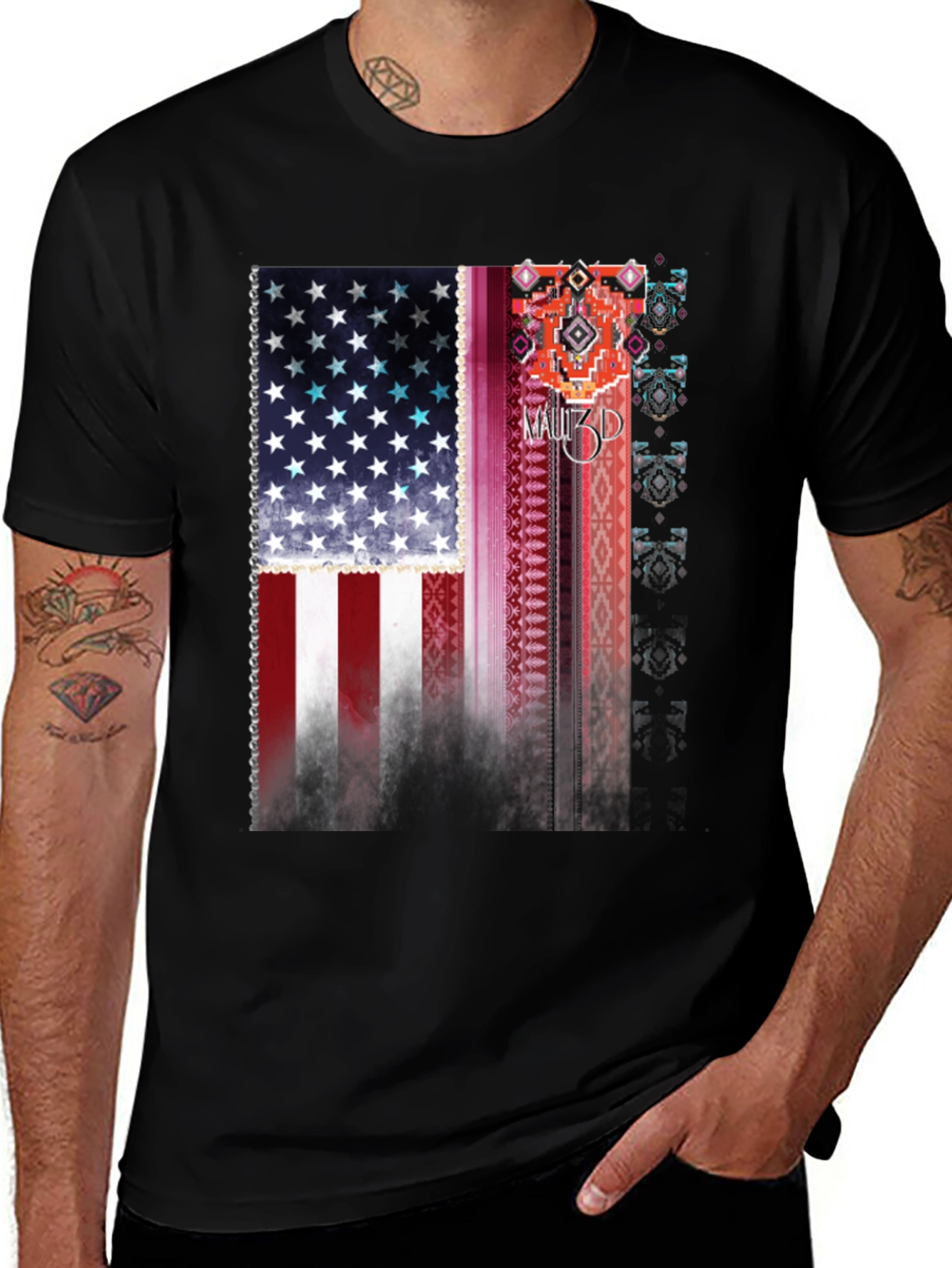 American Flag Graphic Print Black T-Shirt
