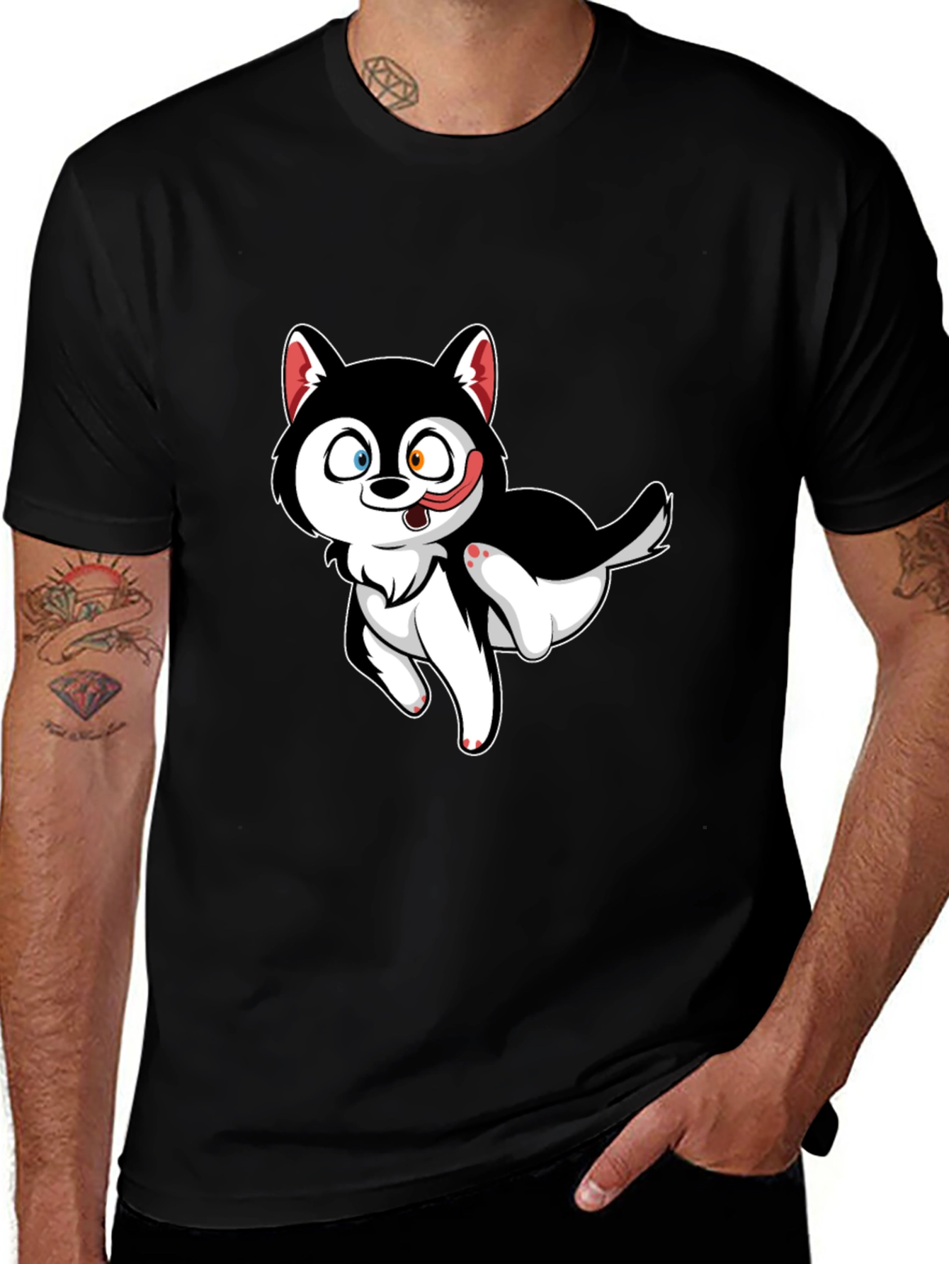 Black Cute Cartoon Husky Graphic T-Shirt - Black main image
