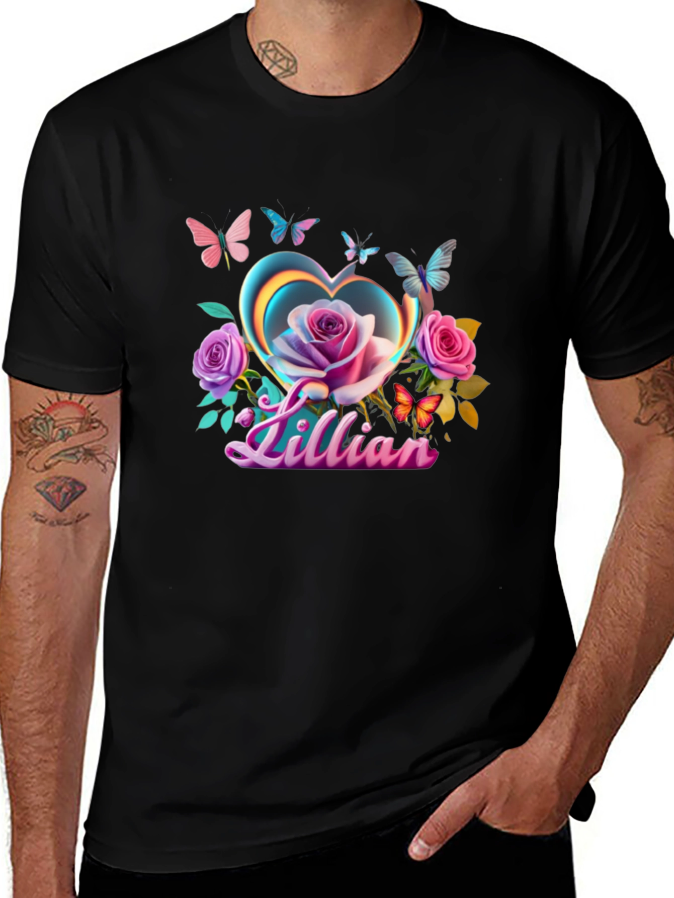 Variant 12 of Lillian Heart Rose Butterfly Black T-Shirt