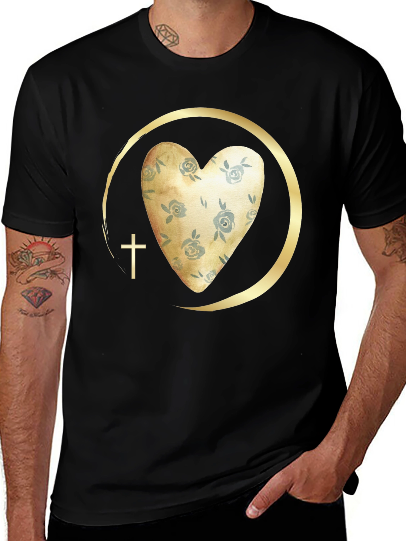 Variant 23 of Floral Heart & Cross Graphic Tee - Religious Fashion