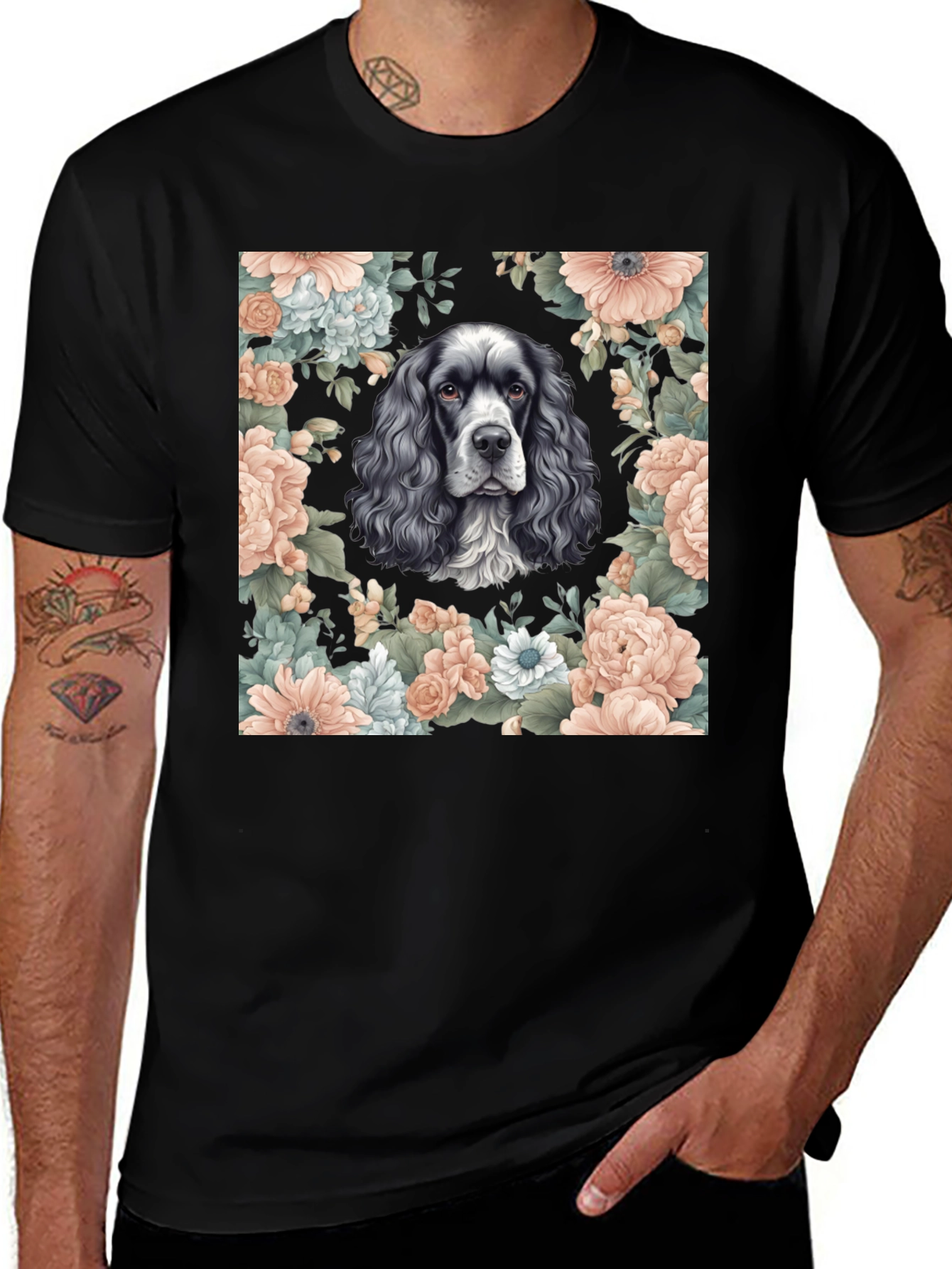 Variant 17 of Dog & Floral Print Black T-Shirt