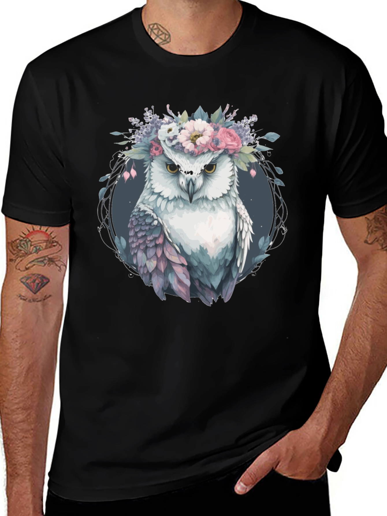 Variant 8 of Owl With Floral Crown Graphic Tee - Black