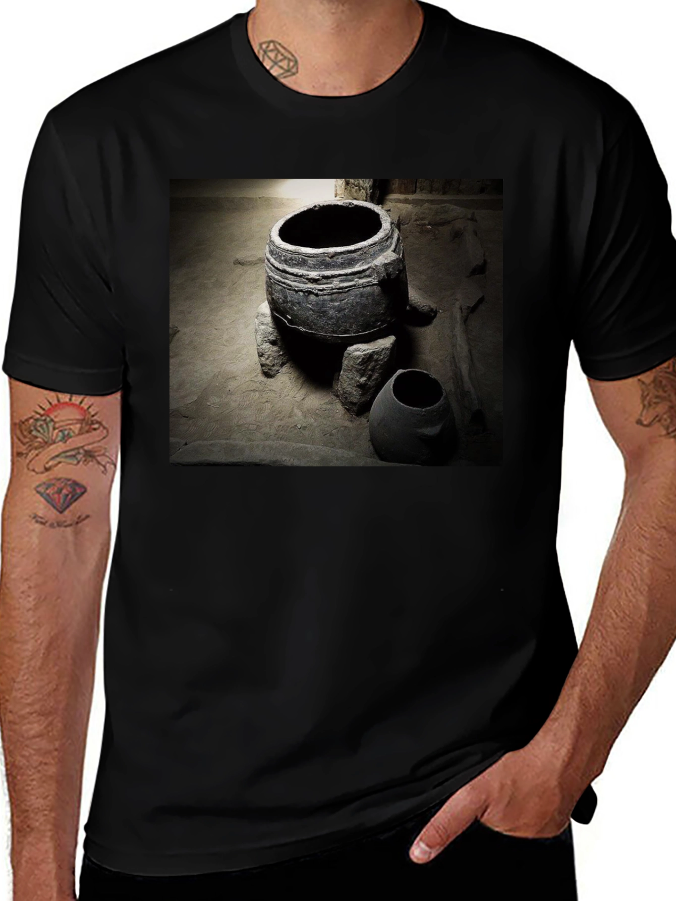 Variant 20 of Ancient Pottery Print Tee - Unique Black T-Shirt
