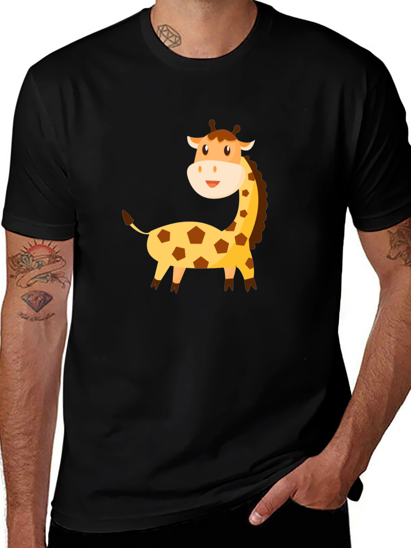 Variant 9 of Cartoon Giraffe Graphic Tee - Black Cotton T-Shirt