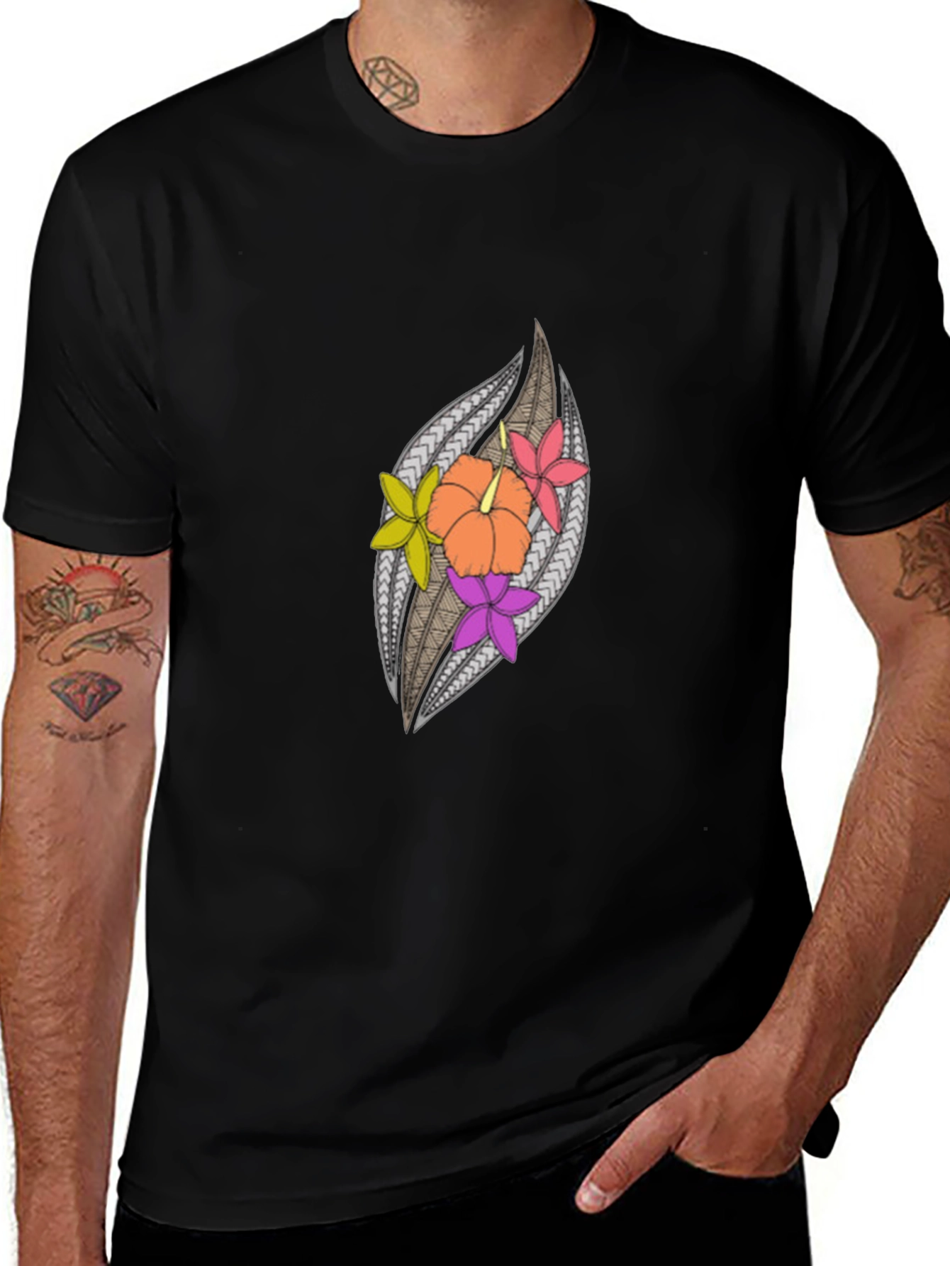 Variant 5 of Hibiscus Floral Patterned Black Tee