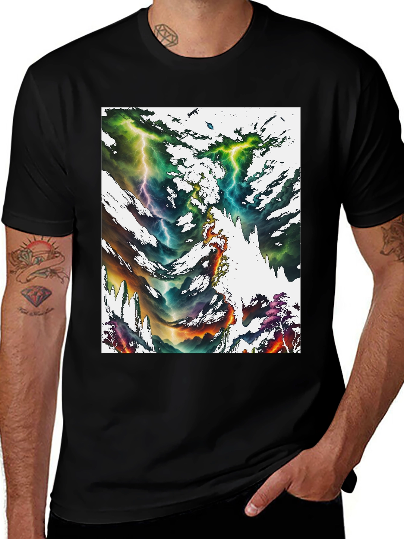 Black Abstract Lightning Bolt Graphic Print Black Tee main image