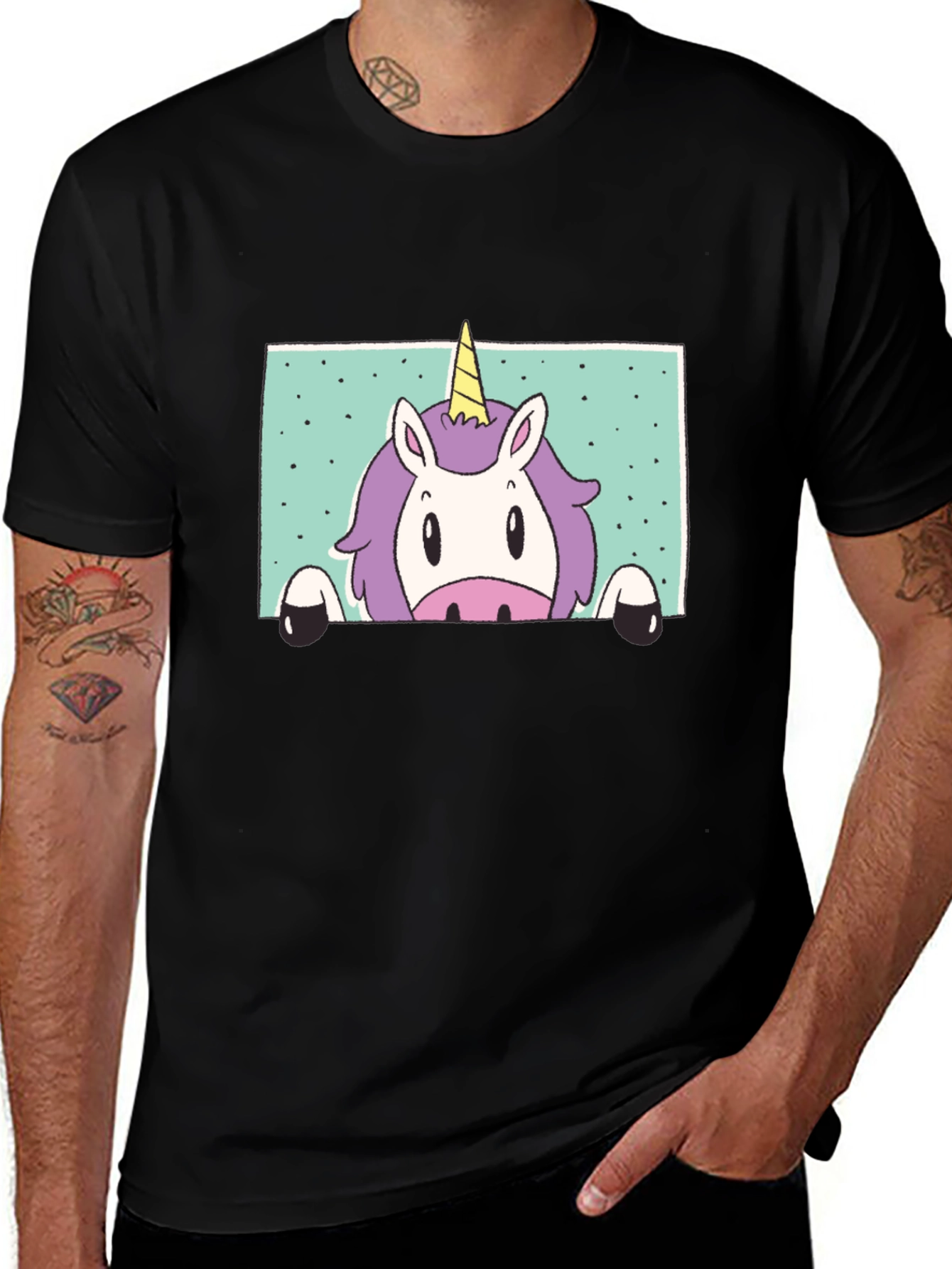 Variant 11 of Unicorn Peek Black T-Shirt - Cute Cartoon Design