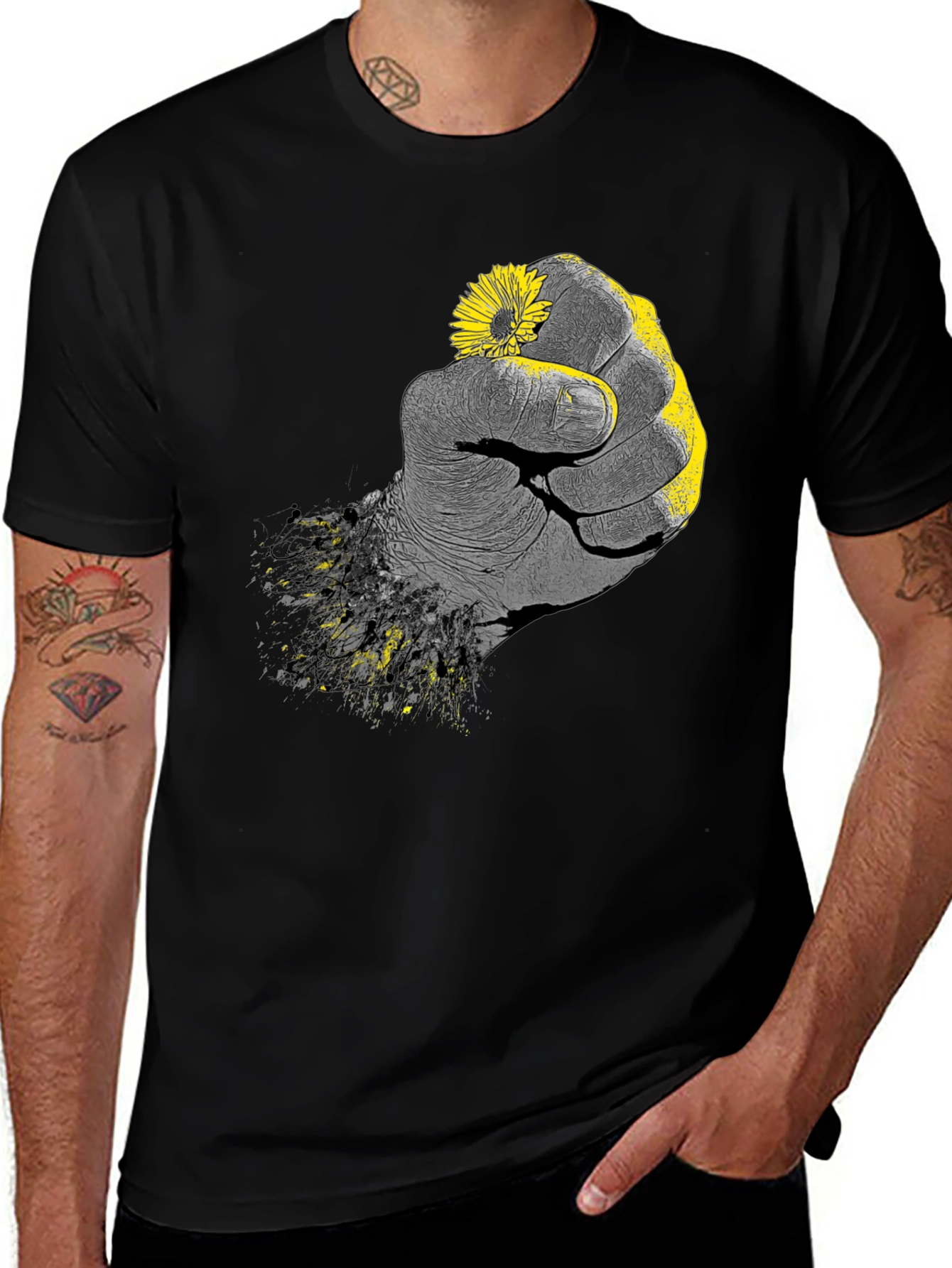 Variant 19 of Fist Holding Flower Graphic Tee - Black