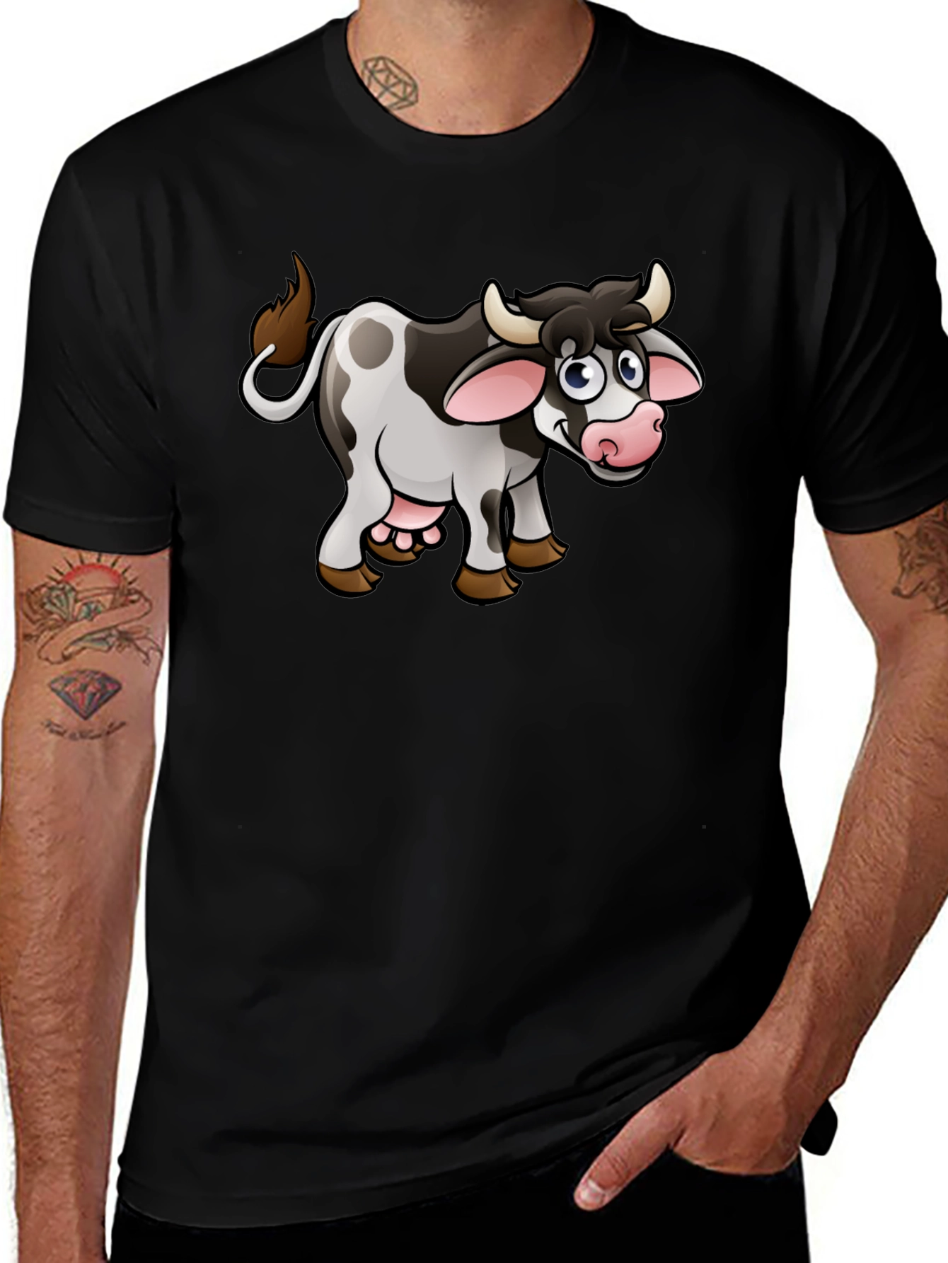 Variant 29 of Cartoon Cow T-Shirt - Black Cotton Graphic Tee