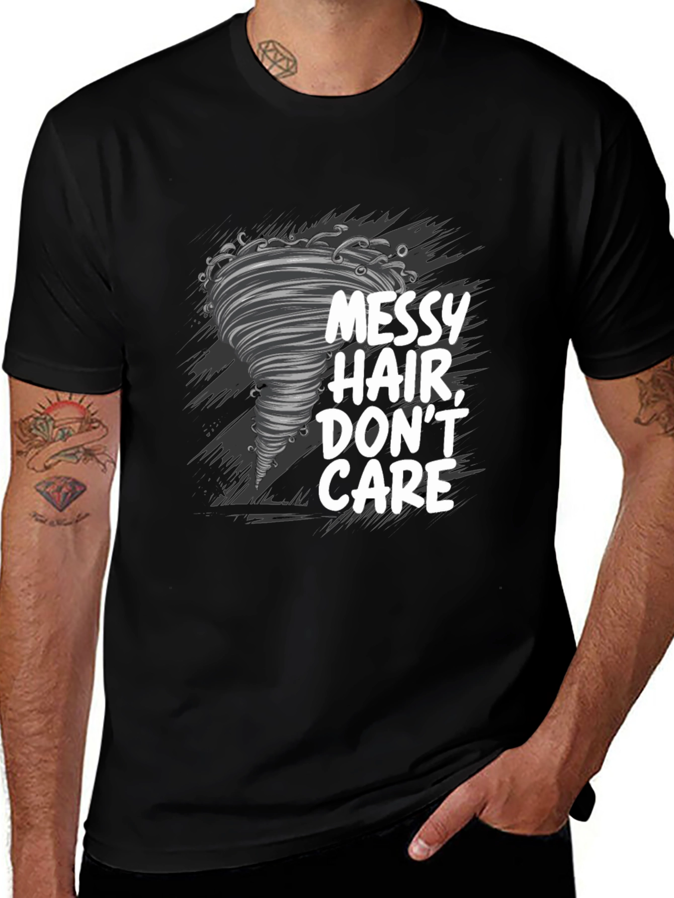 Variant 2 of Messy Hair Don't Care Black T-Shirt - Tornado Graphic Tee