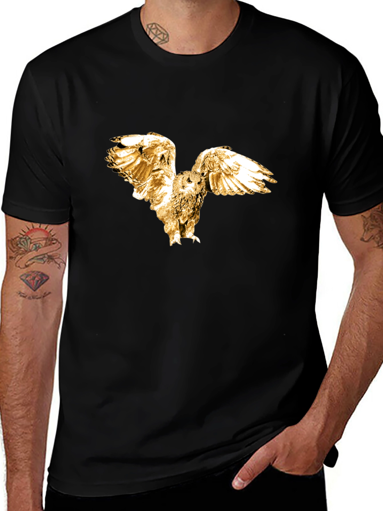 Variant 17 of Golden Owl Graphic Black T-Shirt - Unique Design