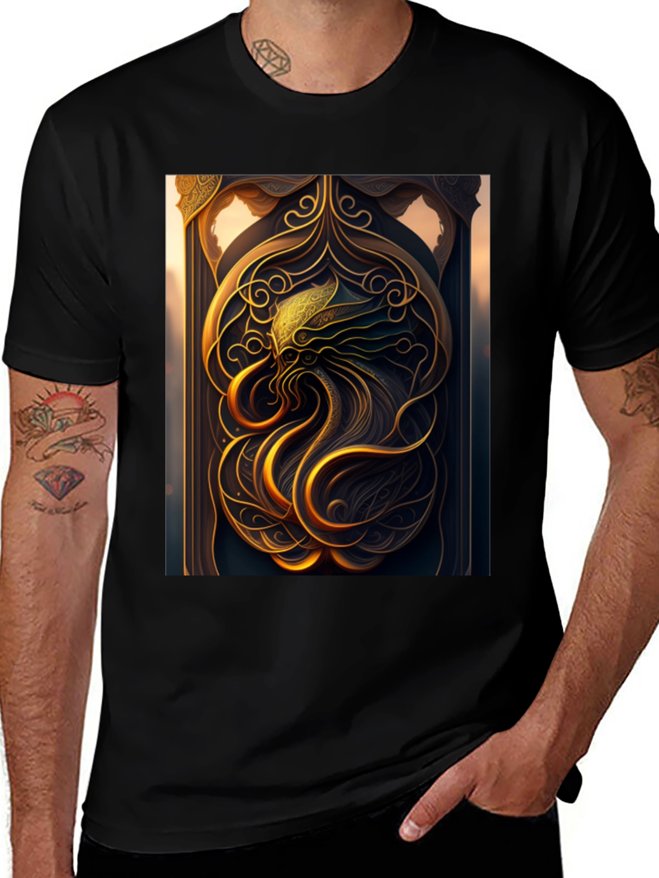 Variant 22 of Ornate Gold Pattern Black T-Shirt