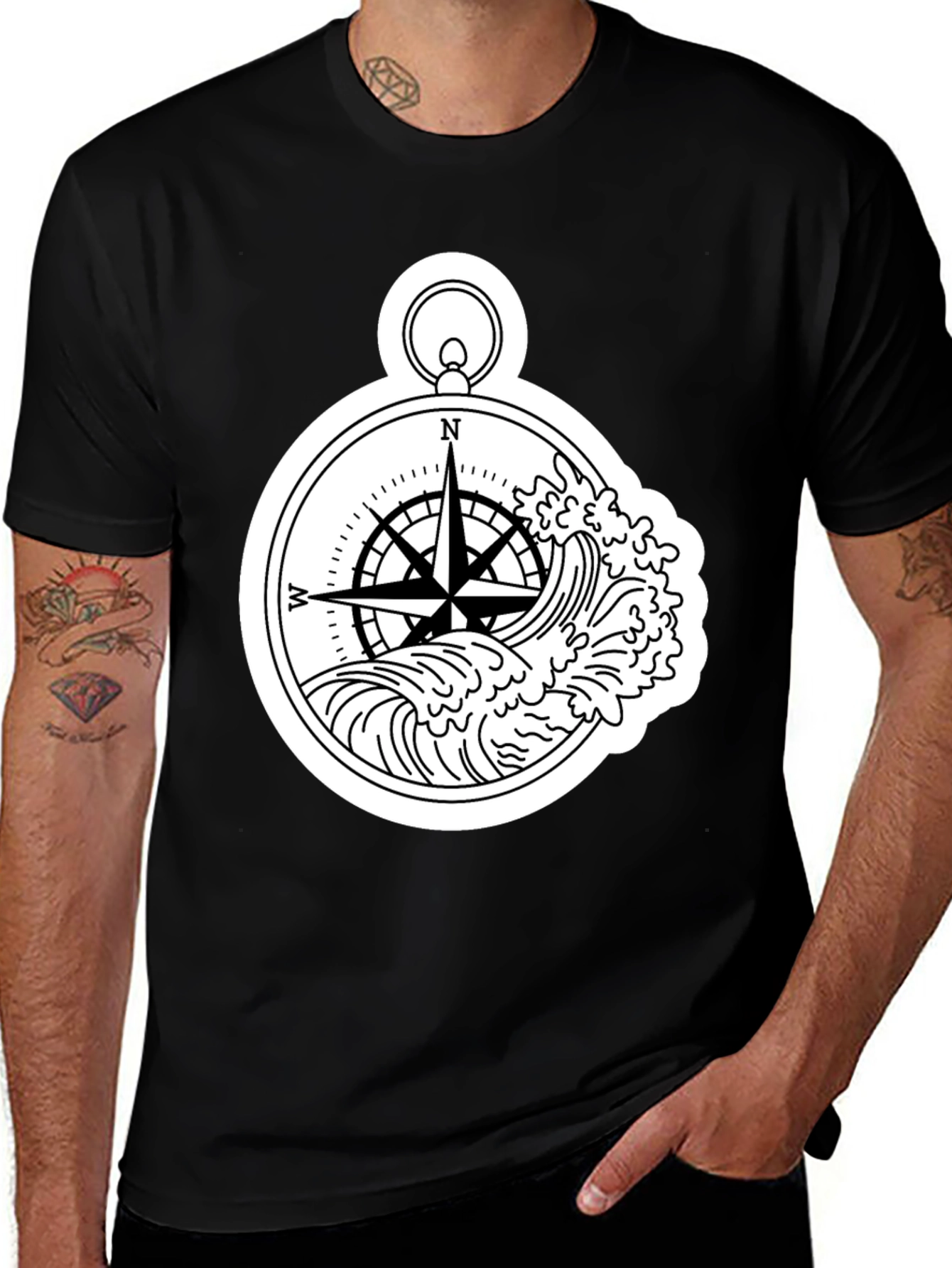 Variant 26 of Nautical Compass Wave Graphic T-Shirt - Black