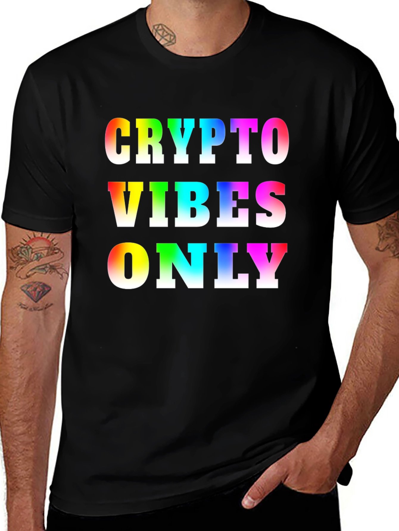 Variant 8 of Crypto Vibes Only T-Shirt - Rainbow Text Black Tee