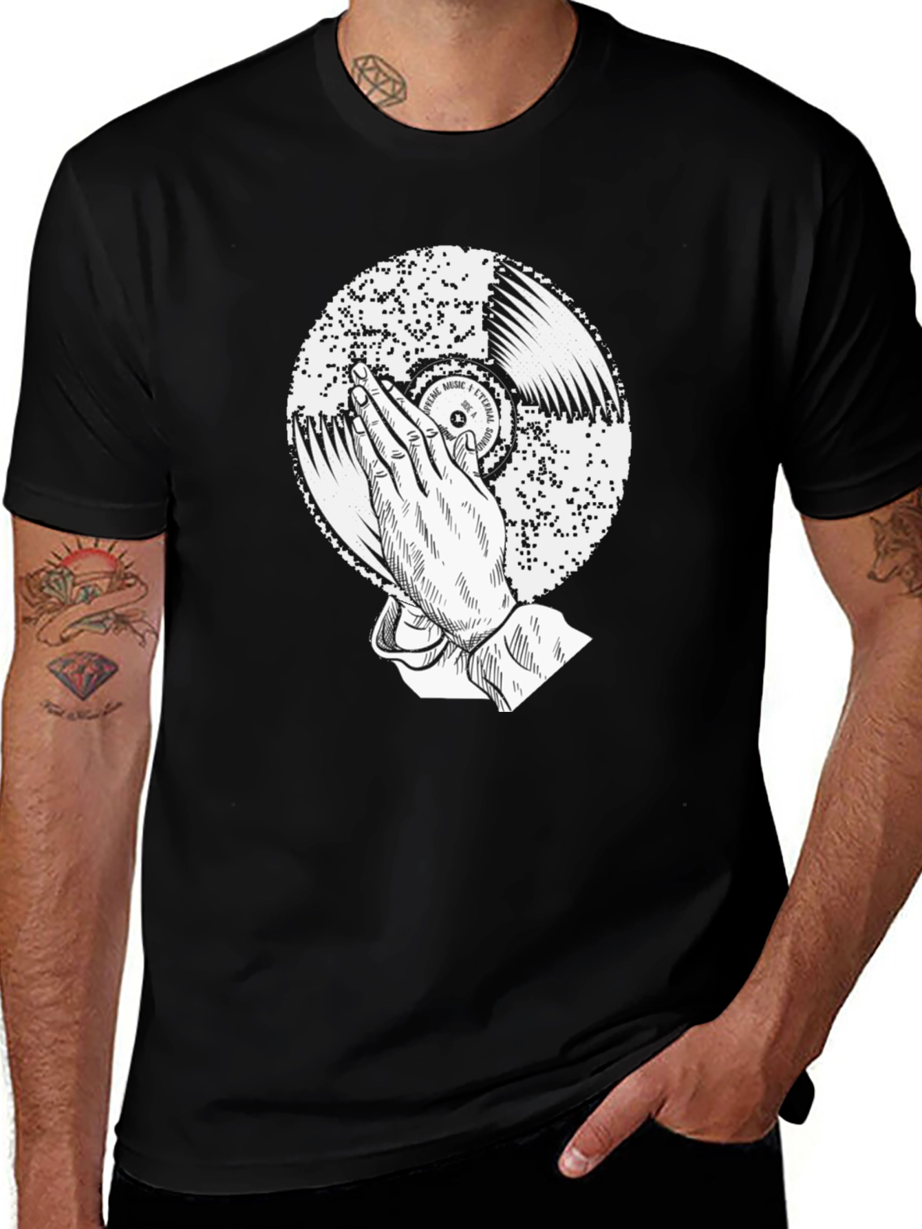 Variant 28 of Black Graphic Tee: Praying Hands Record Design